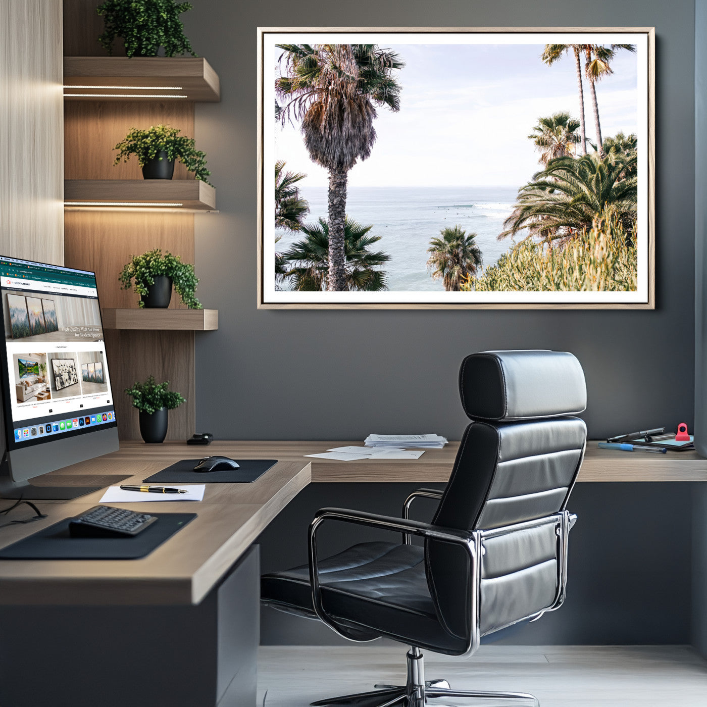 51404565-MGC-FP-36x24-Coastal Palm Trees Wall Art Canvas Print – Framed Ocean Breeze Tropical Scene Artwork for Relaxing Home, Office Decor