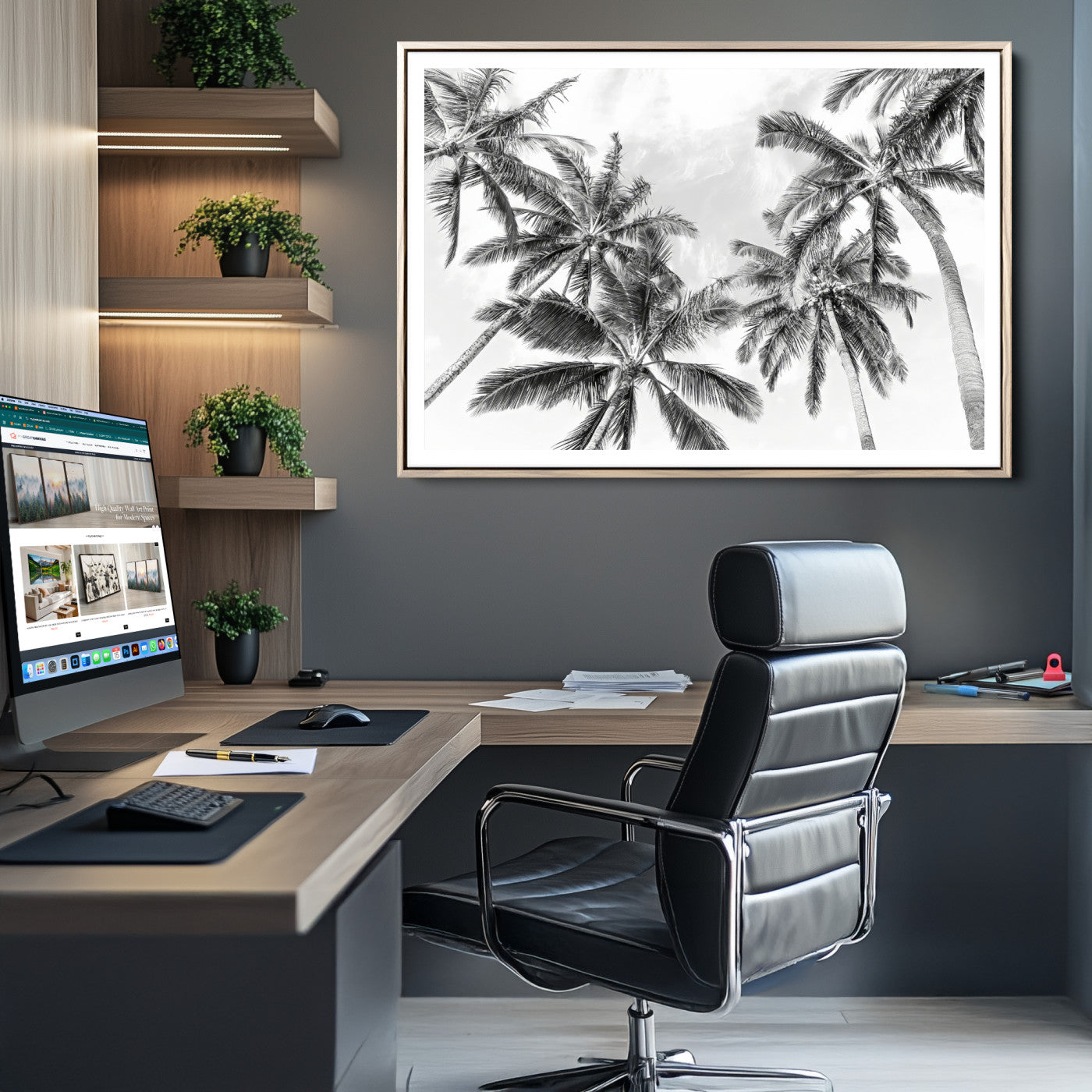 62113786-MGC-FP-36x24-Black and White Palm Wall Art Canvas Print – Framed Monochrome Tropical Beach Scene Artwork for Modern Home, Office Decor