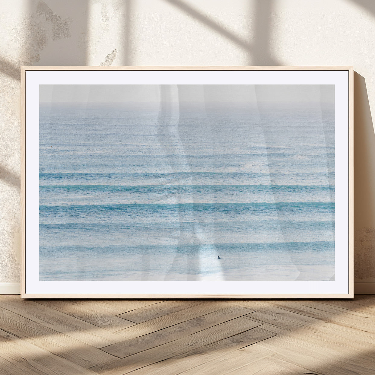 77145995-MGC-FP-36x24_Natural-Ocean Wave Surfer Wall Art – Framed Minimal Seascape Canvas Artwork, Calm Blue Water Design, Coastal Decor for Home, Office