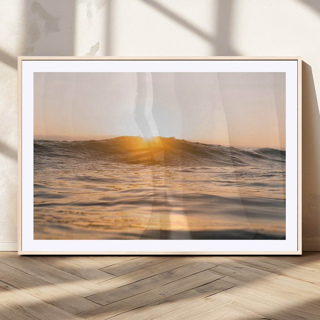 16973771-MGC-FP-36x24_Natural-Calm Water Wall Art – Framed Sunset Waves Canvas Artwork, Coastal Warm Design, Minimal Ocean Decor for Home, Office