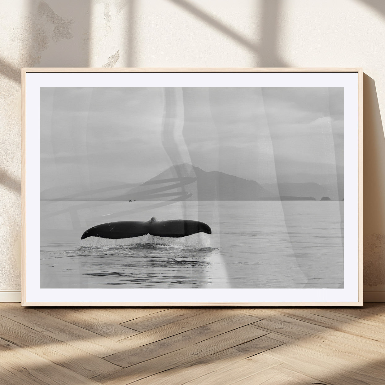 MGC-FP-36x24 - Whale Tail Wall Art Canvas Print, Framed Black White Ocean Art Picture Print, Calm Marine Perfect Minimalist Coastal Decor Artwork