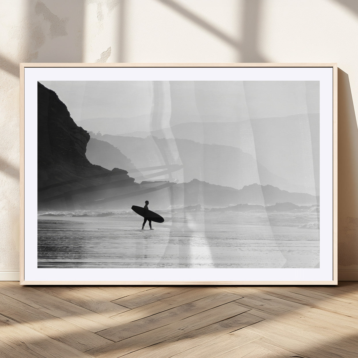 MGC-FP-36x24 - Surfer In Fog Wall Art Canvas Print, Framed Moody Shoreline Art Picture Print, Cliffside Waves Perfect Minimalist Coastal Decor Artwork