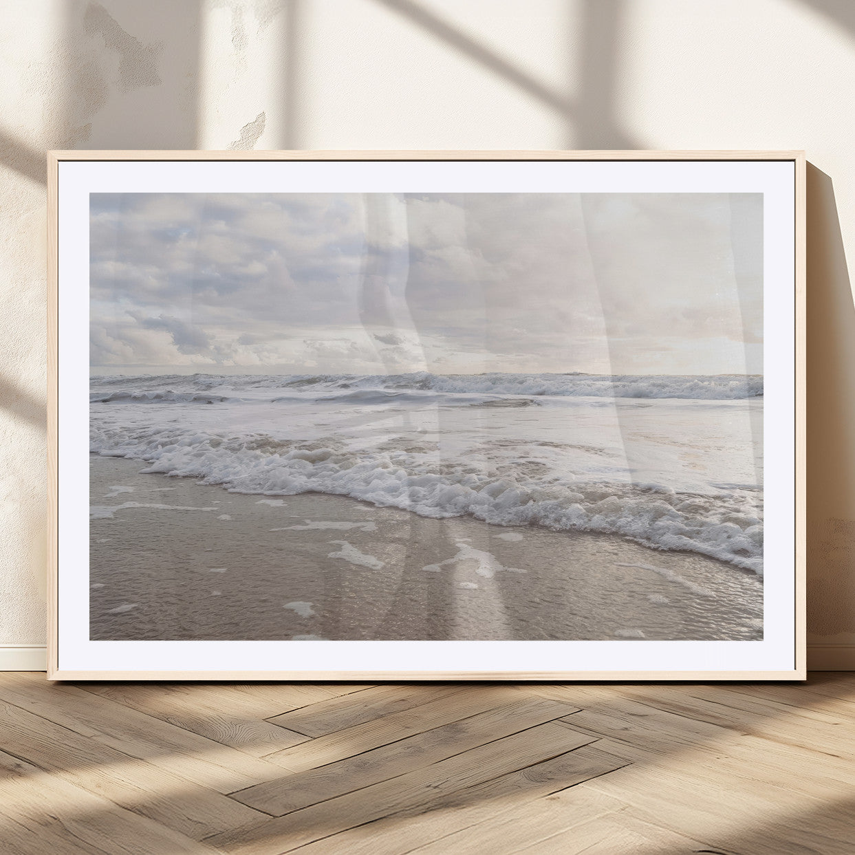 70596264-MGC-FP-36x24_Natural-Ocean Waves Wall Art Canvas Print – Framed Coastal Shoreline Scene with Sea Foam Artwork for Home, Office