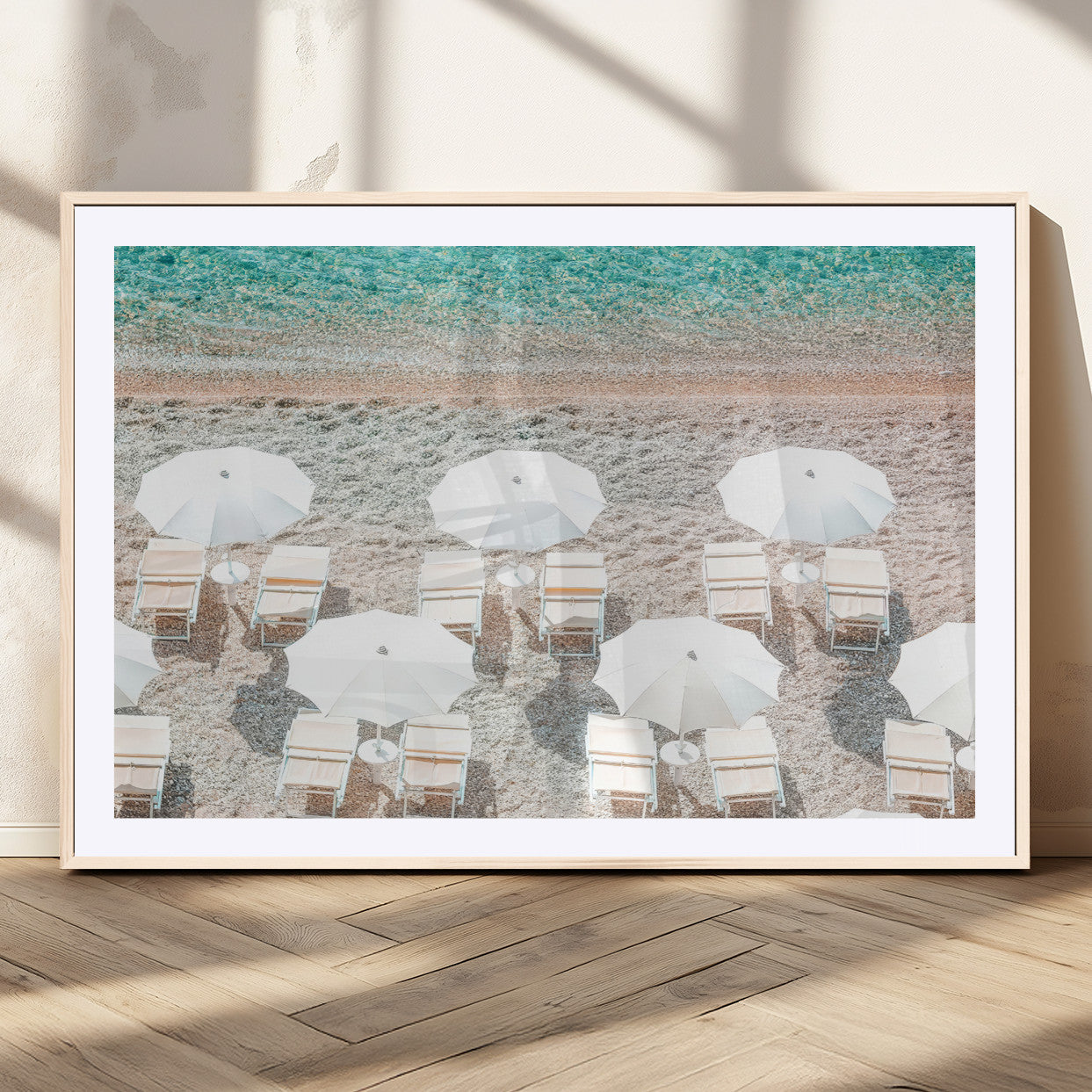 MGC-FP-36x24 - Calm Beach Wall Art Canvas Print, Framed Turquoise Water Art Picture Print, Umbrella Shoreline Perfect Coastal Minimalist Decor Artwork