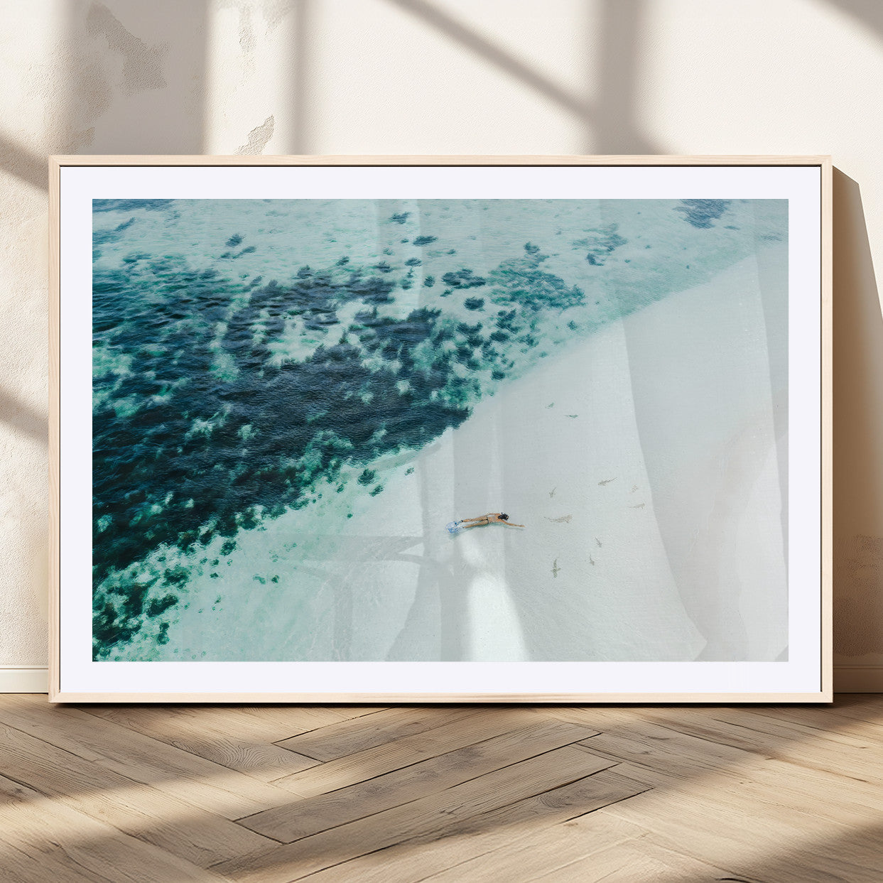 33764764-MGC-FP-36x24_Natural-Minimal Beach Wall Art – Framed Ocean Swimming Canvas Artwork, Clear Blue Sea Design, Modern Coastal Decor for Home, Office