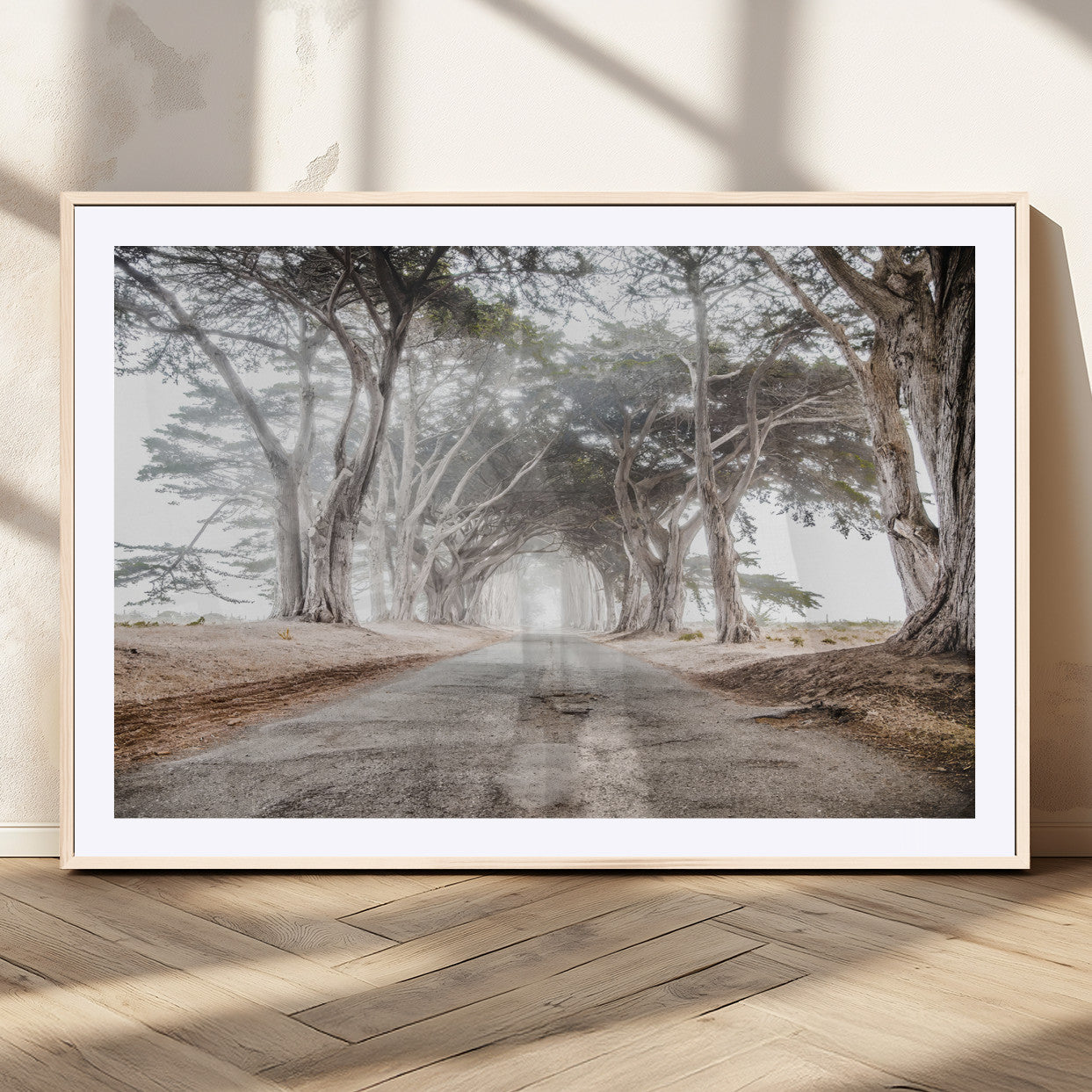 87090469-MGC-FP-36x24_Natural-Cypress Tunnel Wall Art – Framed Misty Road Canvas Artwork, Foggy Trees Design, Rustic Woodland Nature Decor for Home, Office