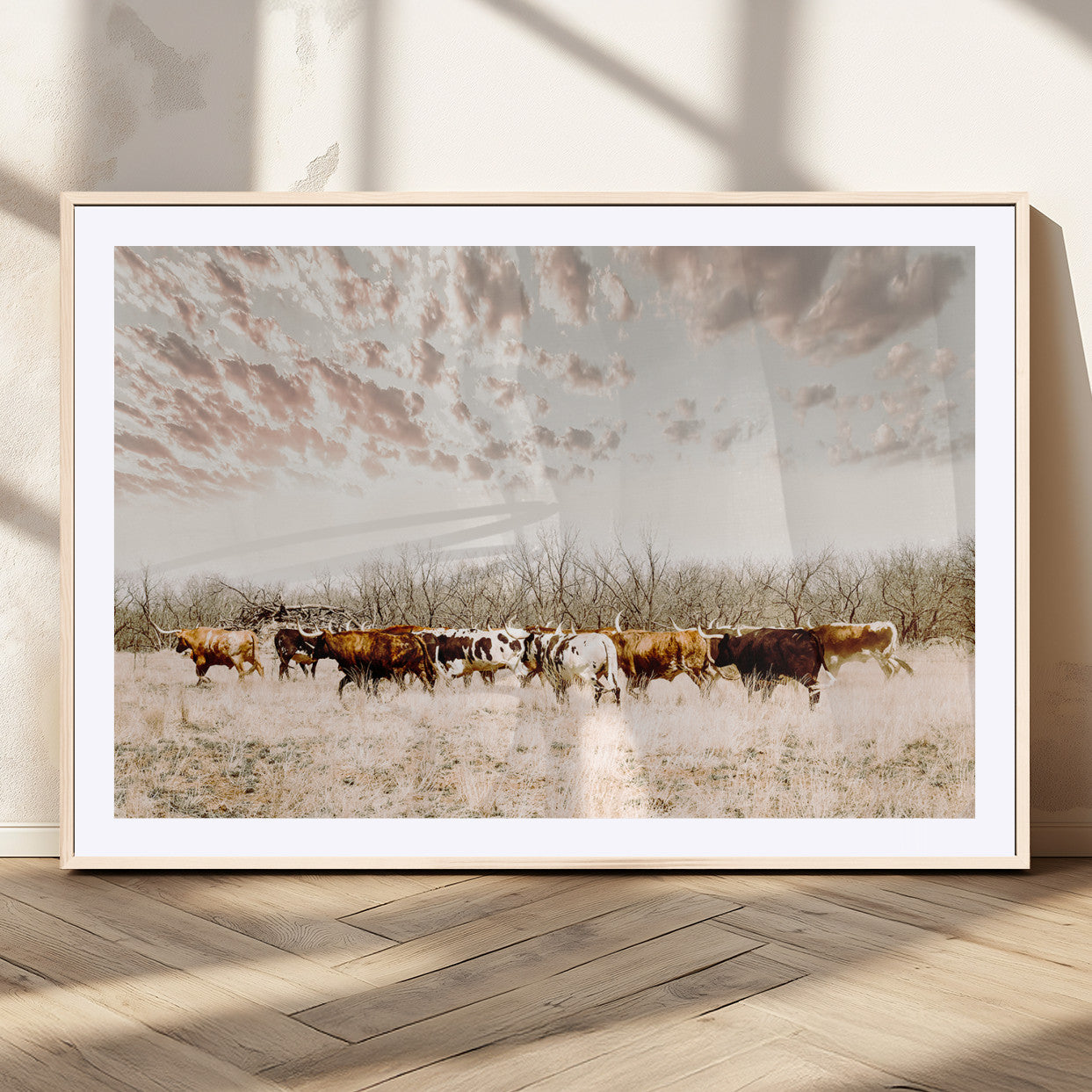 64892775-MGC-FP-36x24_Natural-Longhorn Cattle Wall Art Canvas Print – Framed Texas Ranch Scene with Western Cow Artwork for Home, Office