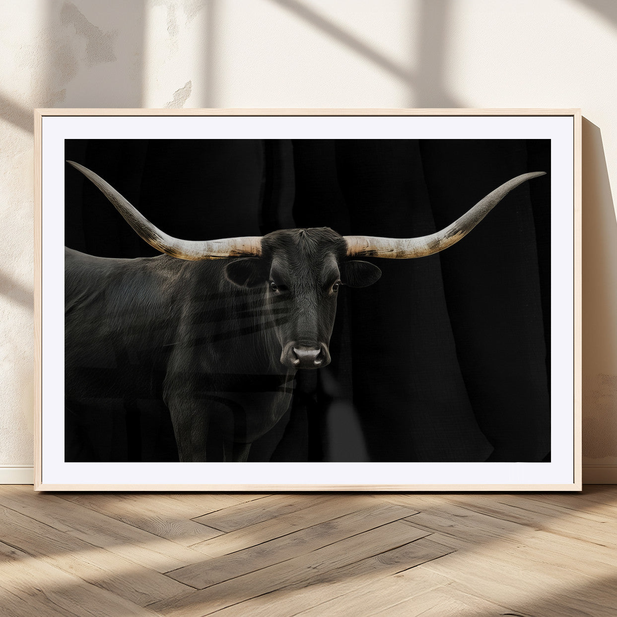 99448328-MGV-CV-36X24-Longhorn Cattle Wall Art Canvas Print – Framed Texas Ranch Scene with Western Cow Artwork for Home, Office, Living Room