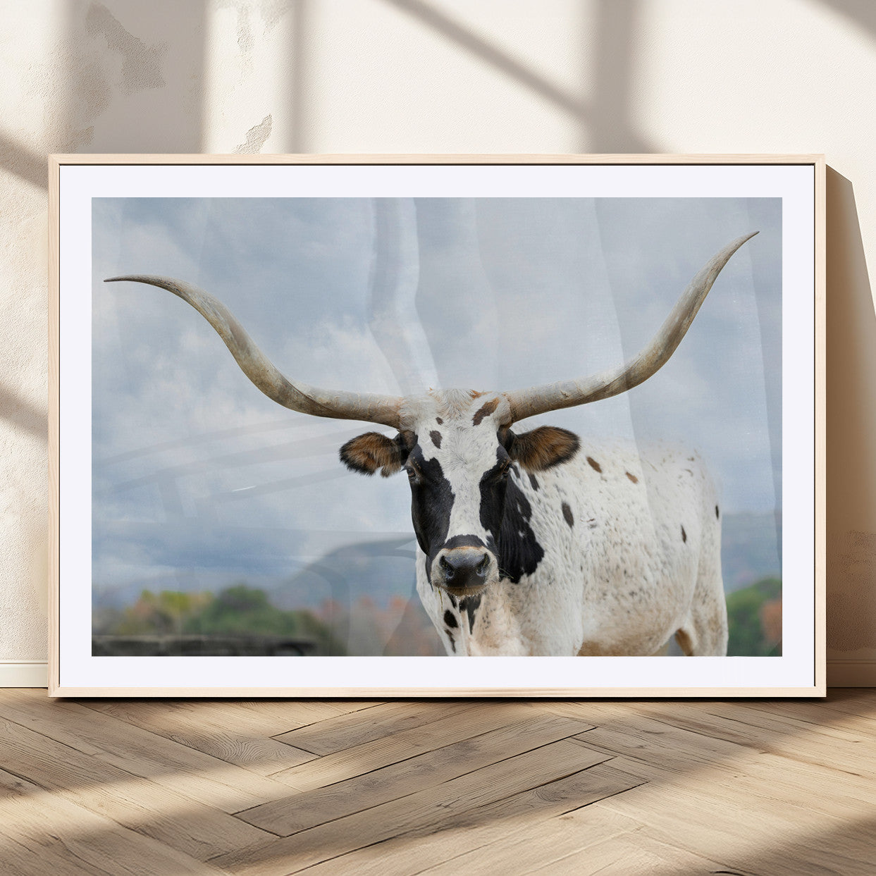 Close-up of a Texas Longhorn with curved horns, black and white markings, set against a cloudy sky and distant hills, perfect for rustic decor.
