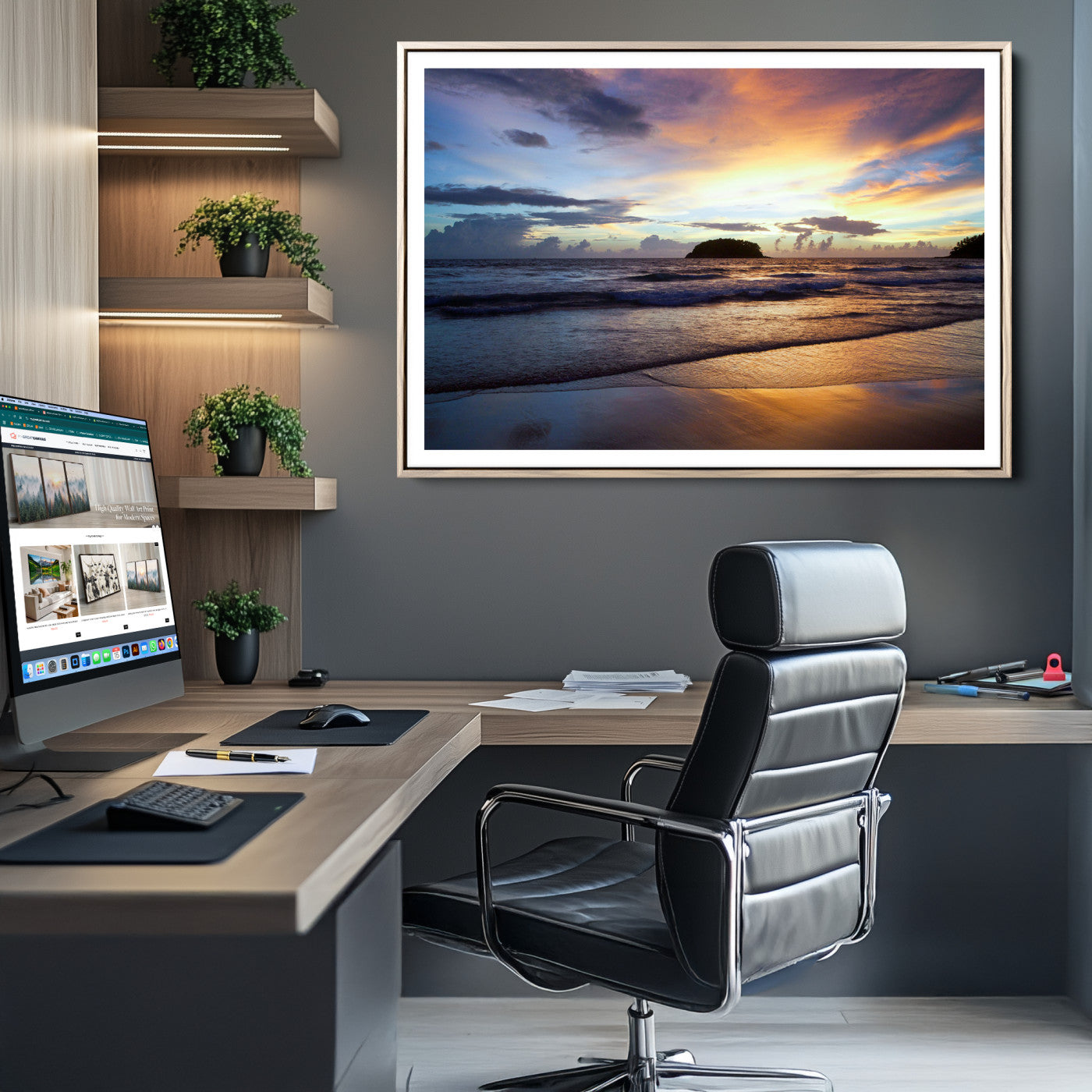 36714356-MGC-FP-36x24-Beach Sunset Wall Art Canvas Print – Tropical Ocean Waves Golden Sky Serene Seascape Nature Artwork for Home Office