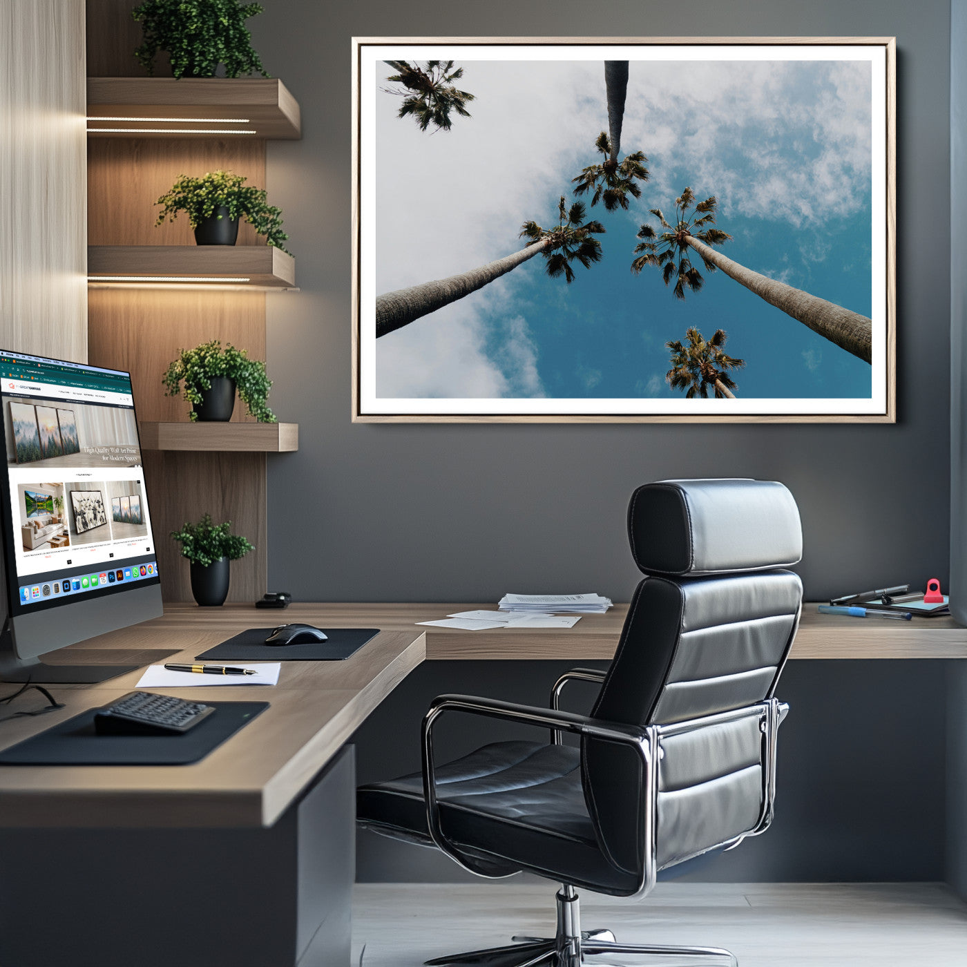 45236398-MGC-FP-36x24-Tropical Palm Trees Wall Art Canvas Print – Framed California Sky Minimalist Nature Scene Artwork for Home Office