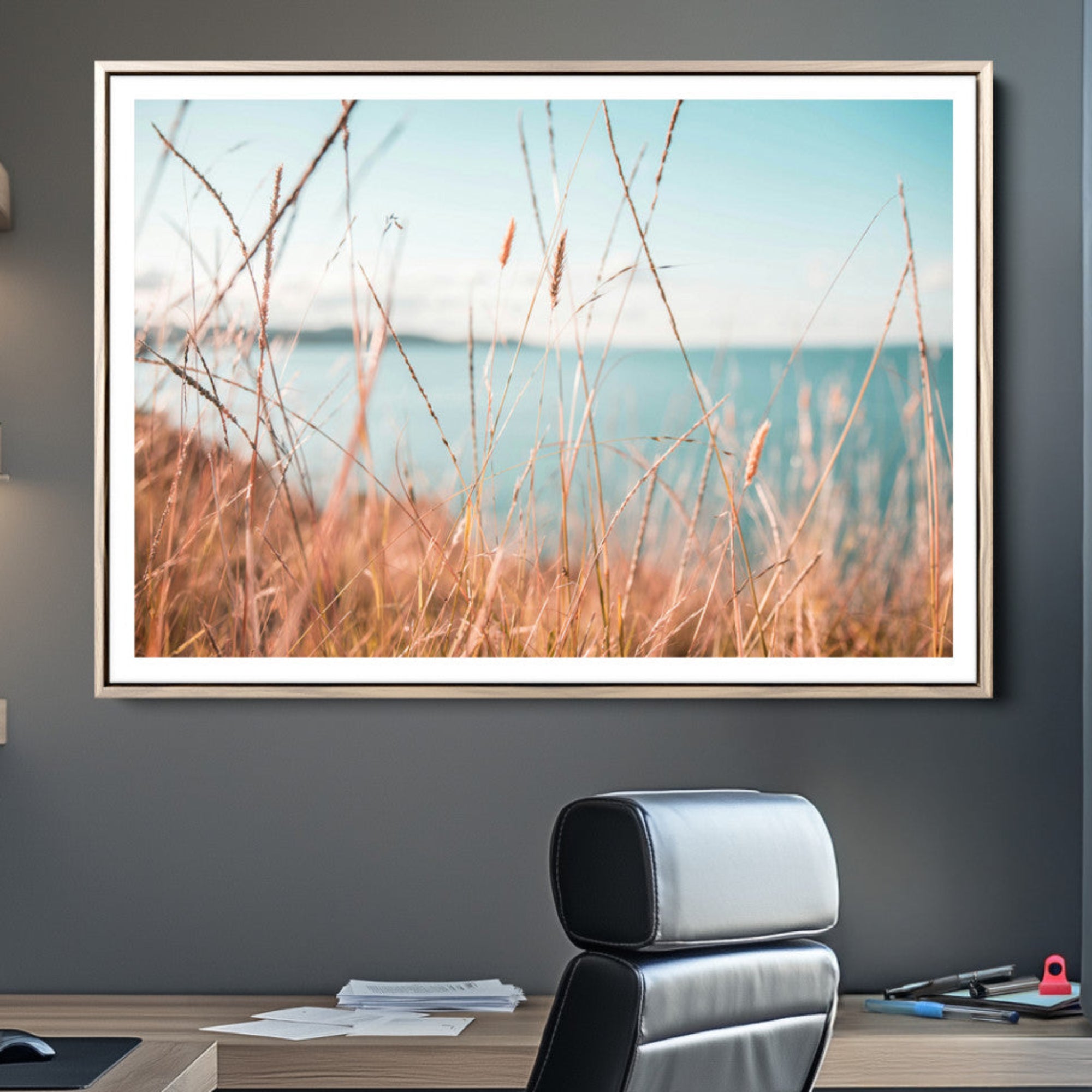 36108696-MGC-FP-36x24-Coastal Grass Landscape Wall Art Canvas Print – Golden Shoreline Nature Scene Serene Ocean View Artwork for Home Office