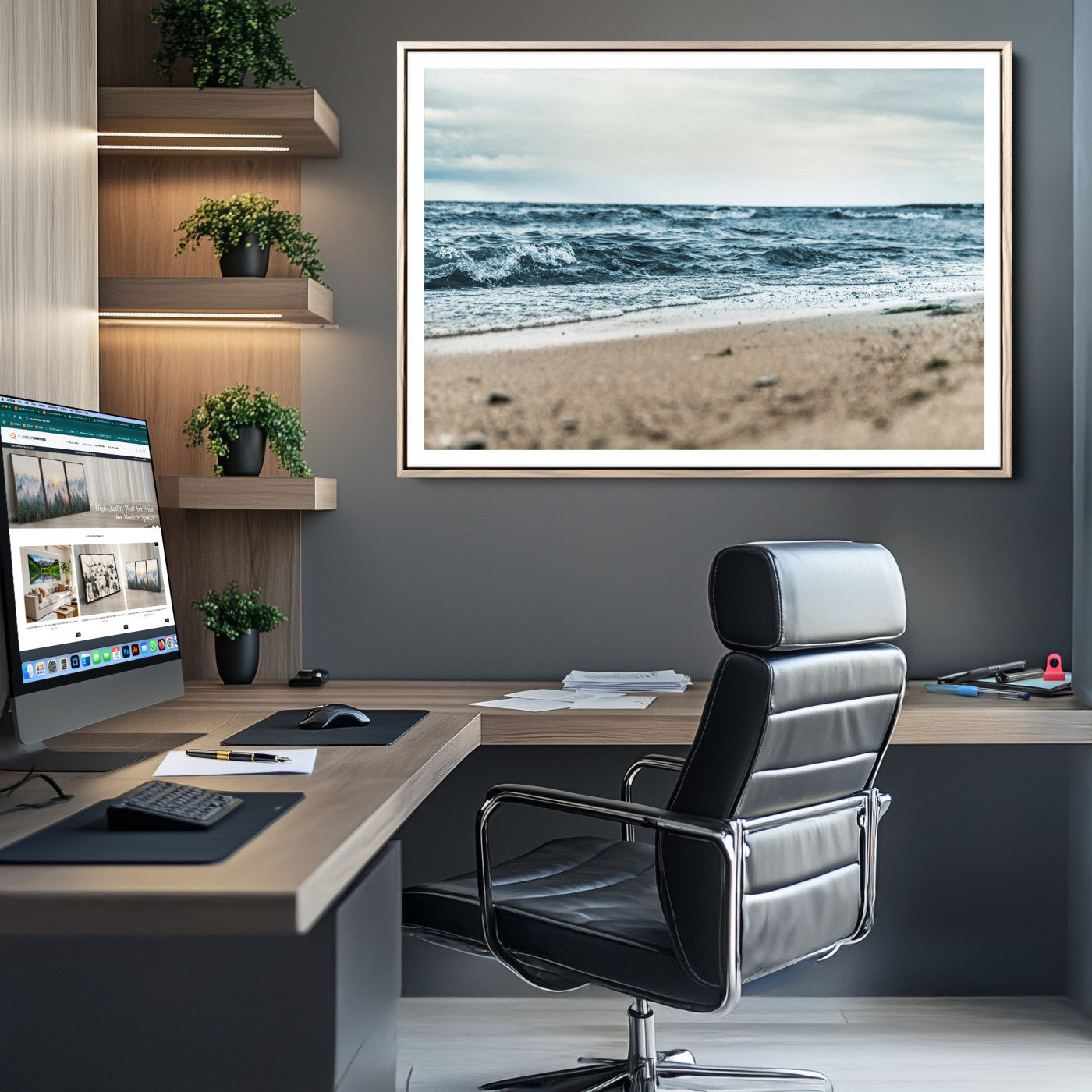 81812590-MGC-FP-36x24-Ocean Wall Art Canvas Print – Moody Coastal Seascape Scene Framed Beach Waves Nature Artwork for Home Office