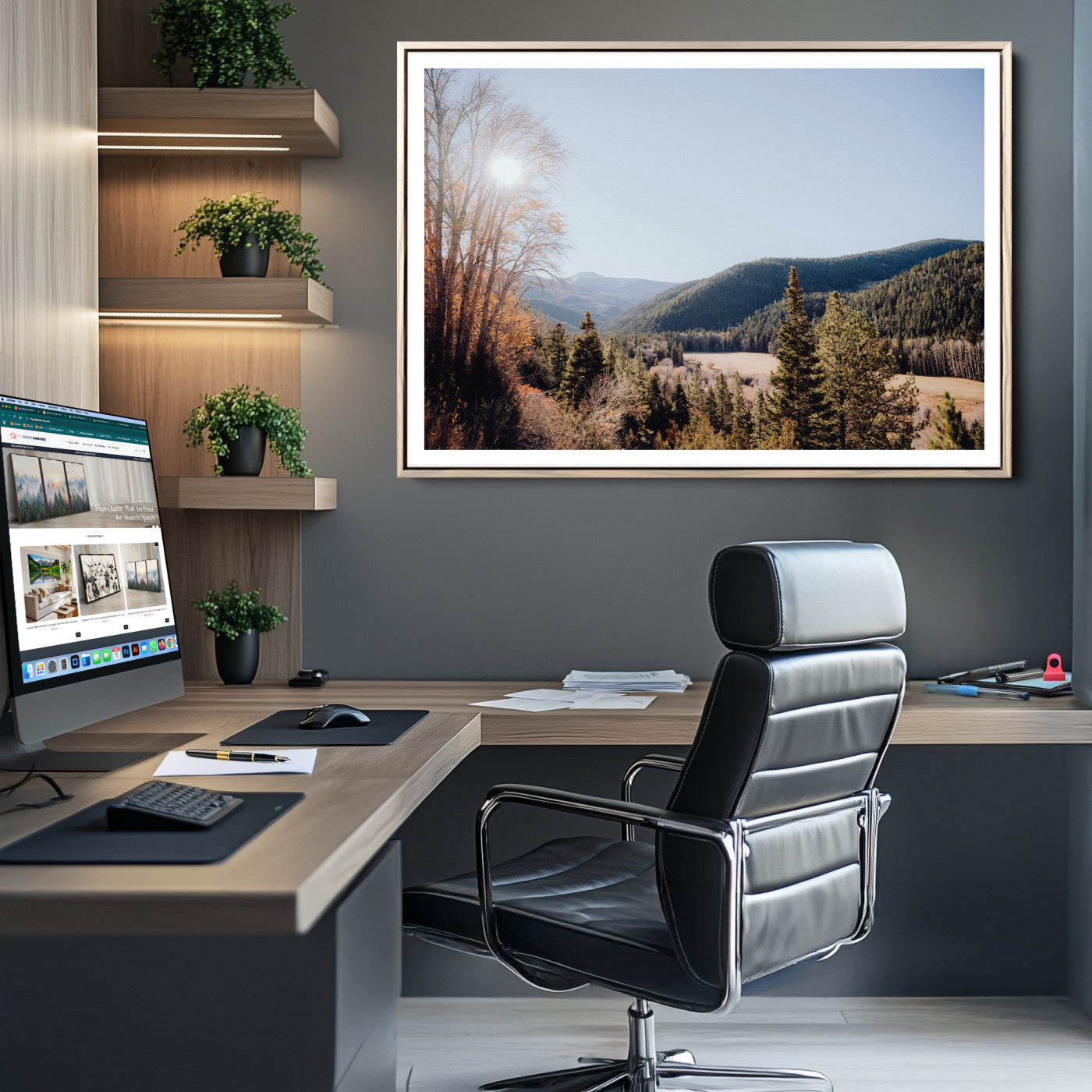 52941305-MGC-FP-36x24-Rustic Landscape Wall Art Canvas Print – Serene Valley Scene Pine Tree Horizon Nature Artwork for Home Office