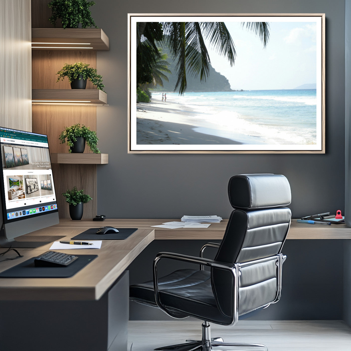 18311030-MGC-FP-36x24-Tropical Beach Wall Art Canvas Print – Framed Serene Ocean Scene Palm Tree Shadows Coastal Nature Artwork for Home Office