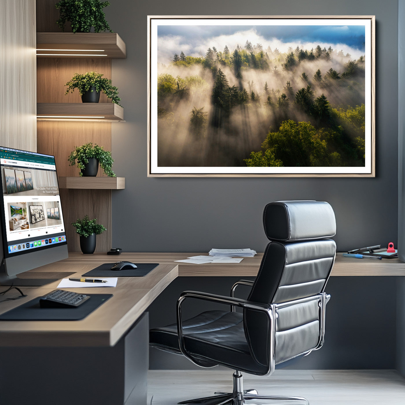 14785710-MGC-FP-36x24-Tranquil Forest Scene Wall Art Canvas Print – Framed Moody Sunbeam Through Trees Nature Artwork for Home Office