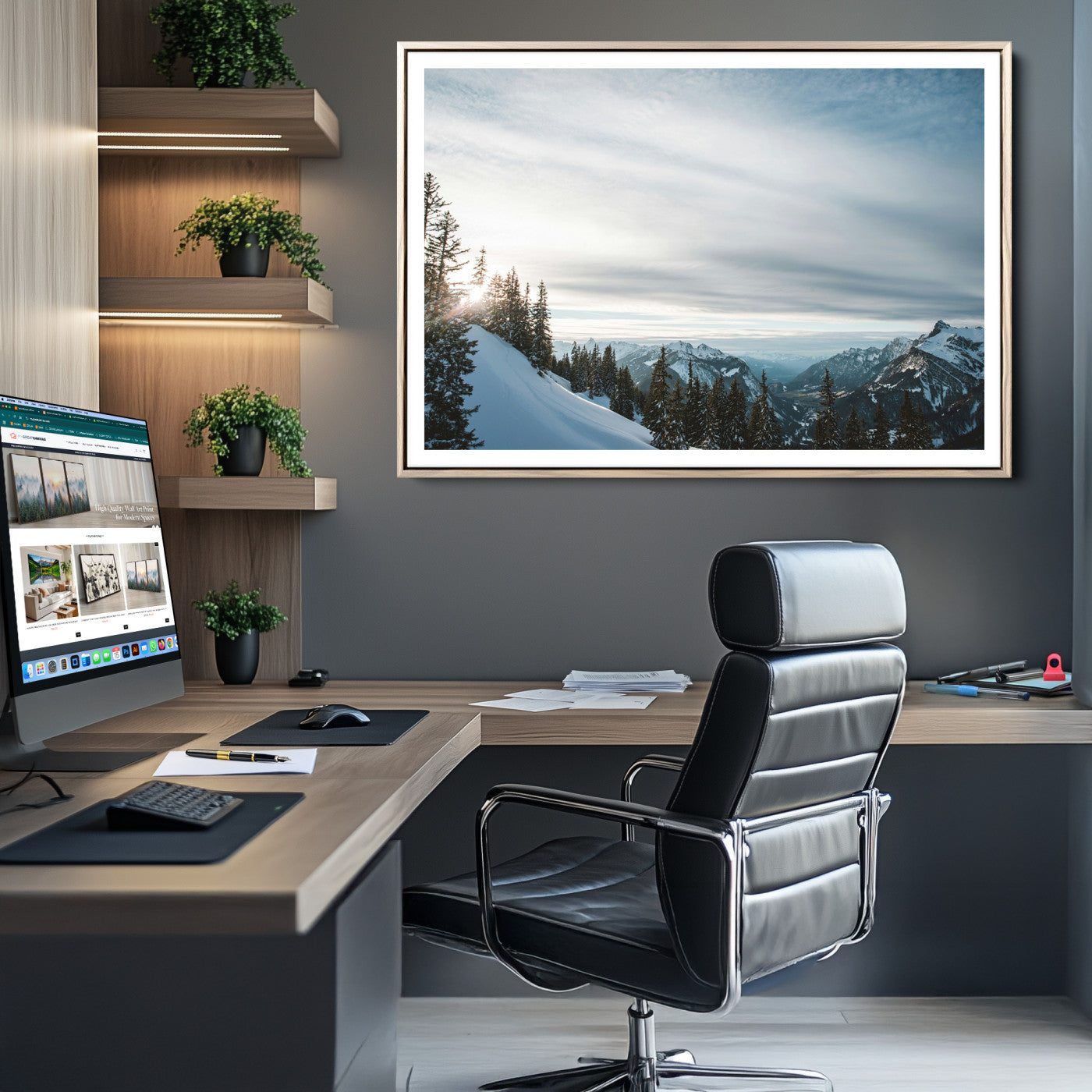 55564749-MGC-FP-36x24-Snowy Mountain Wall Art Canvas Print – Frosty Peaks Alpine Landscape Winter Sky Nature Photography Artwork for Home Office