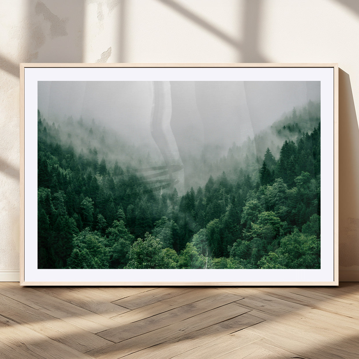 45265379-MGV-CV-36X24-Misty Green Forest Canvas Print – Framed Serene Foggy Pine Landscape Tranquil Nature Wall Art for Home, Office
