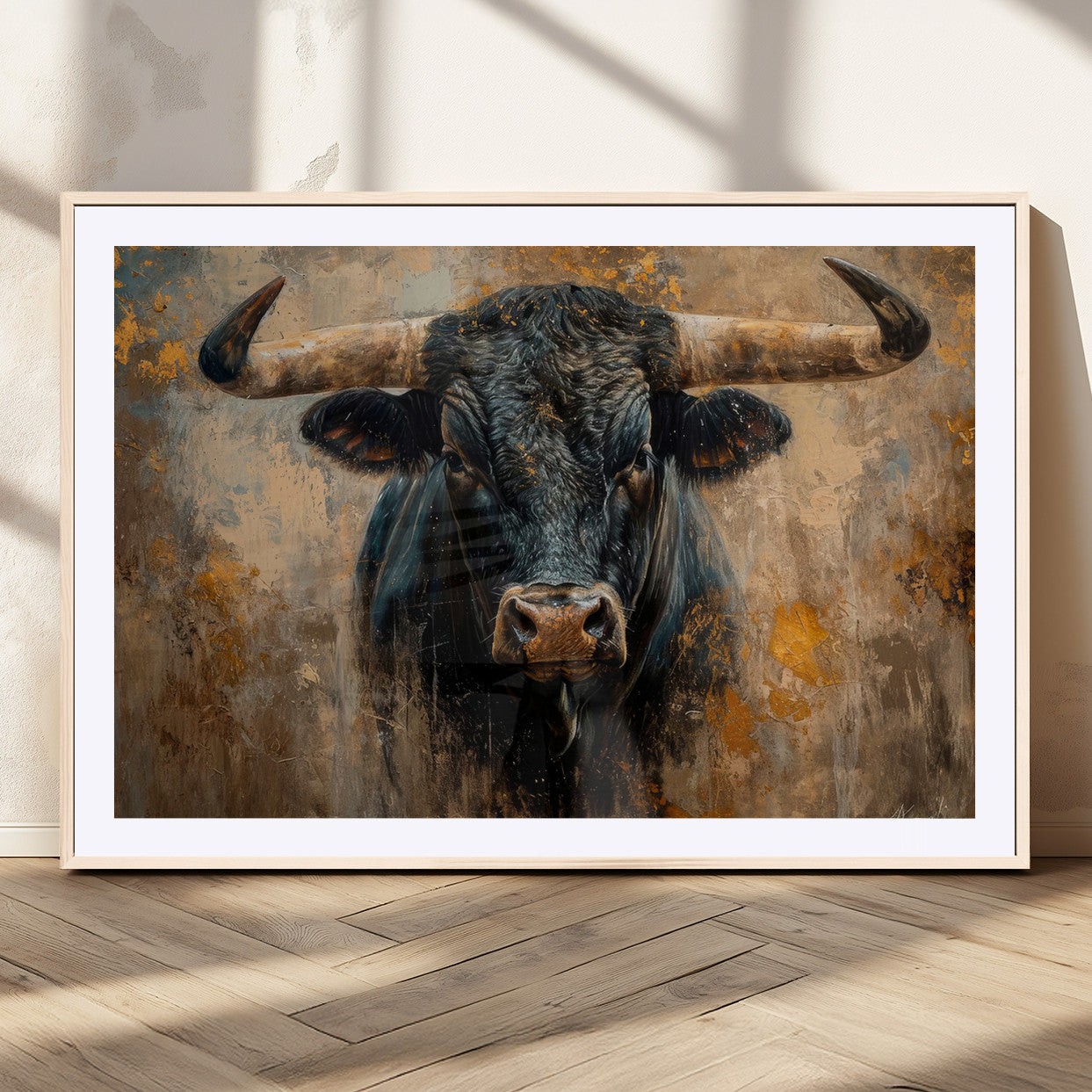 91615410-MGV-CV-36X24 - Abstract Texas Longhorn Bull Wall Art – Rustic Farmhouse Canvas Print, Western Cabin Style Decor, Large Animal Artwork for Living Room or Office