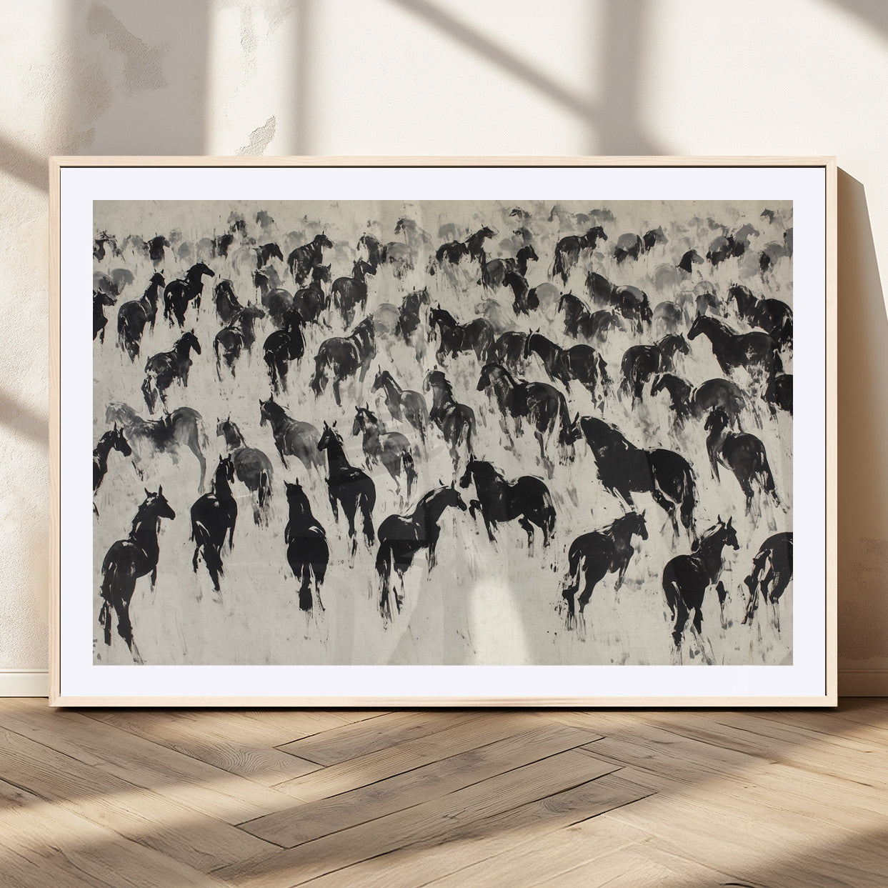 29265745-MGC-FP-36x24_Natural-Wild Horse Stampede Wall Art Canvas Print – Monochrome Running Horses Dynamic Motion Elegant Scene Artwork for Home, Office