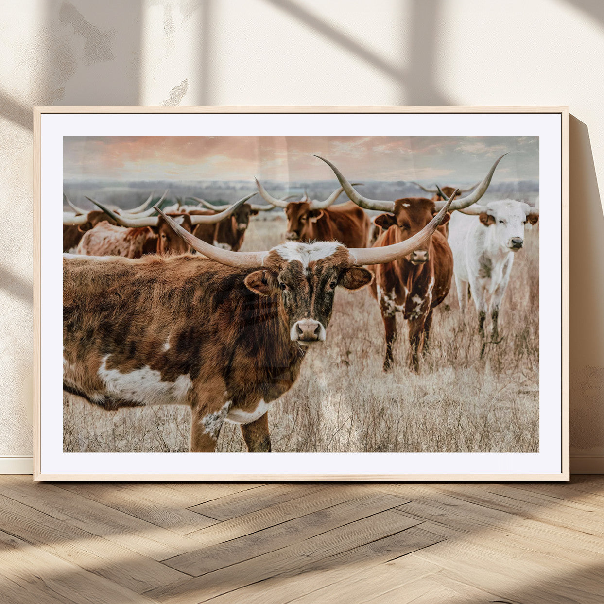 47758300-MGC-FP-36x24_Natural-Texas Longhorn Cattle Wall Art Canvas Print – Rustic Western Ranch Scene with Steers Sunset for Home, Office