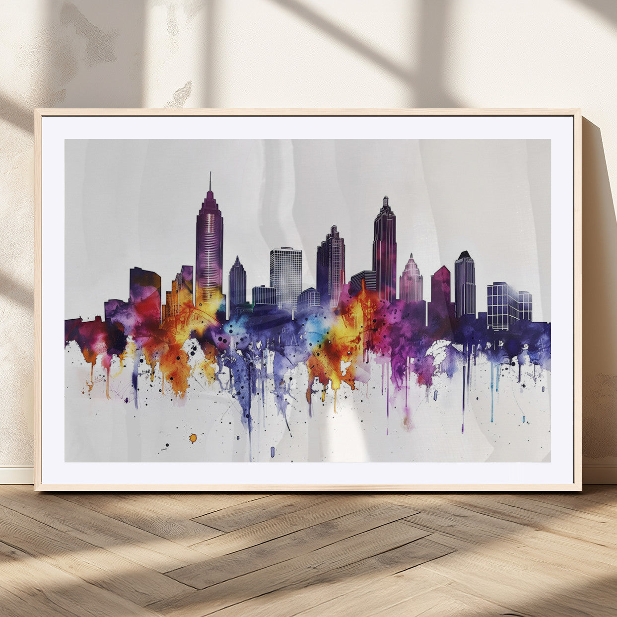34479880-MGV-CV-36X24-Atlanta Skyline Wall Art Canvas Print – Framed Colorful Watercolor Cityscape Artwork for Home, Office, Living Room