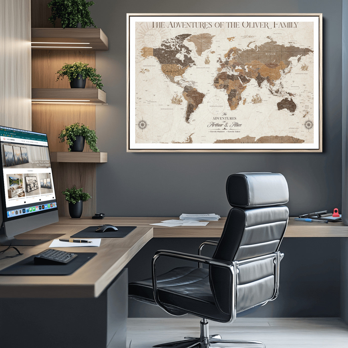 -Personalized Push Pin World Map Canvas Print Custom Family Travel Tracker Map Framed Adventure Gift for Couples Home Office