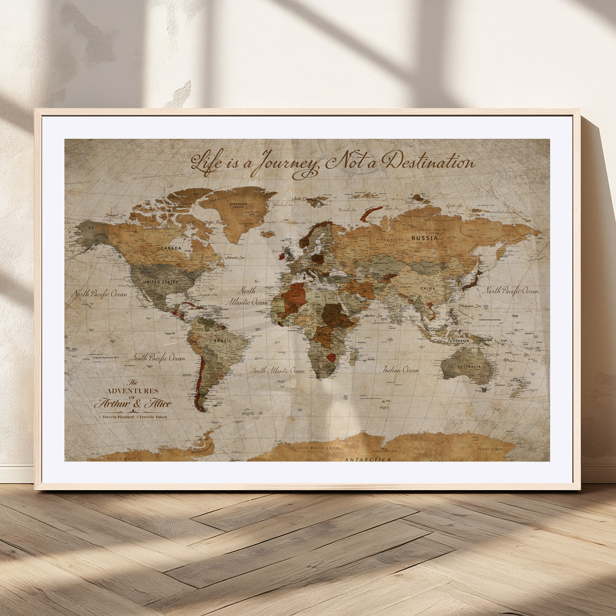 79036691-MGC-FP-36x24_Natural-Personalized World Map Canvas Wall Art – Custom Framed Push Pin Travel Tracker Print, Unique Gift for Home or Office Decor