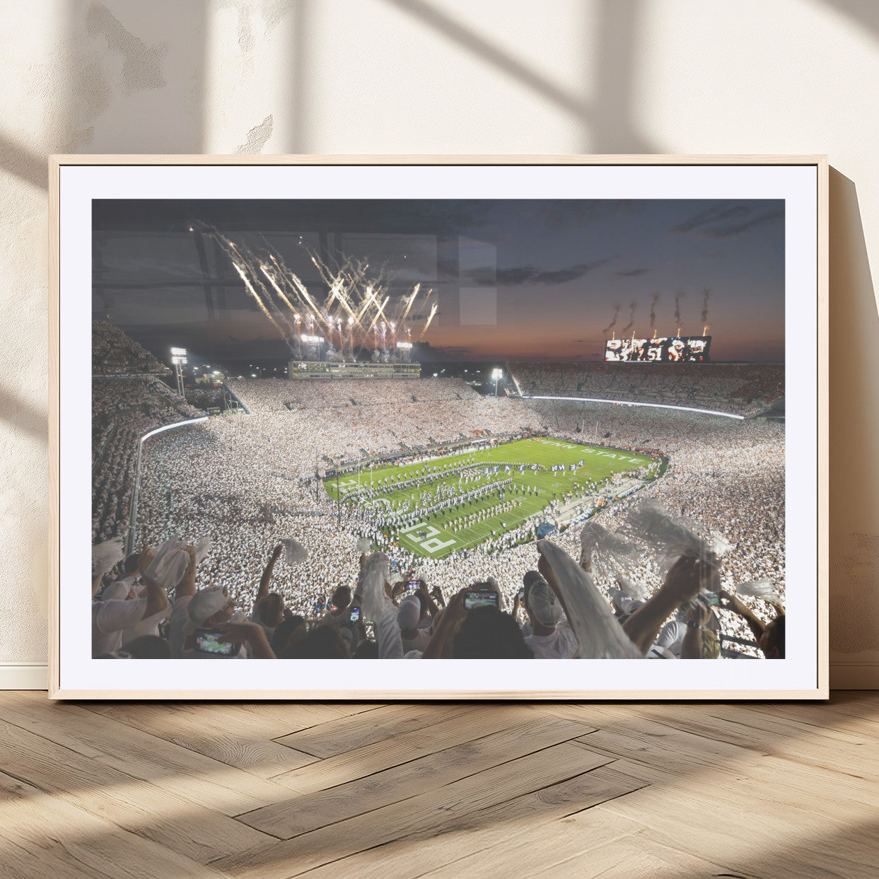 -Penn State Stadium Wall Art Canvas Print – White Out Football Game with Fireworks Framed Sports Stadium Artwork for Game Room