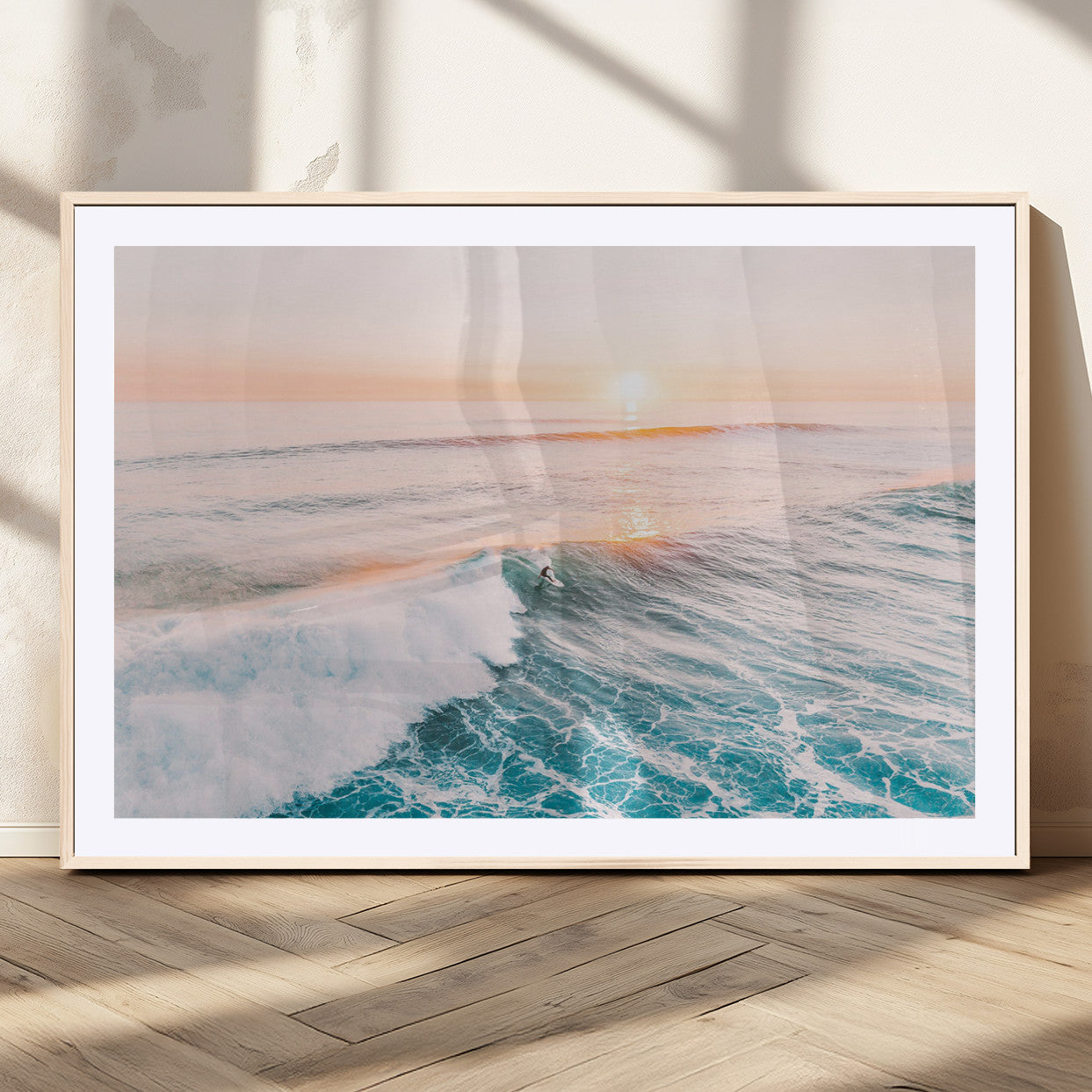 34064591-MGV-CV-36X24-Sunset Surfing Wall Art Canvas Print, Ocean Wave Surfer with Golden Sky Artwork for Home, Office, Living Room