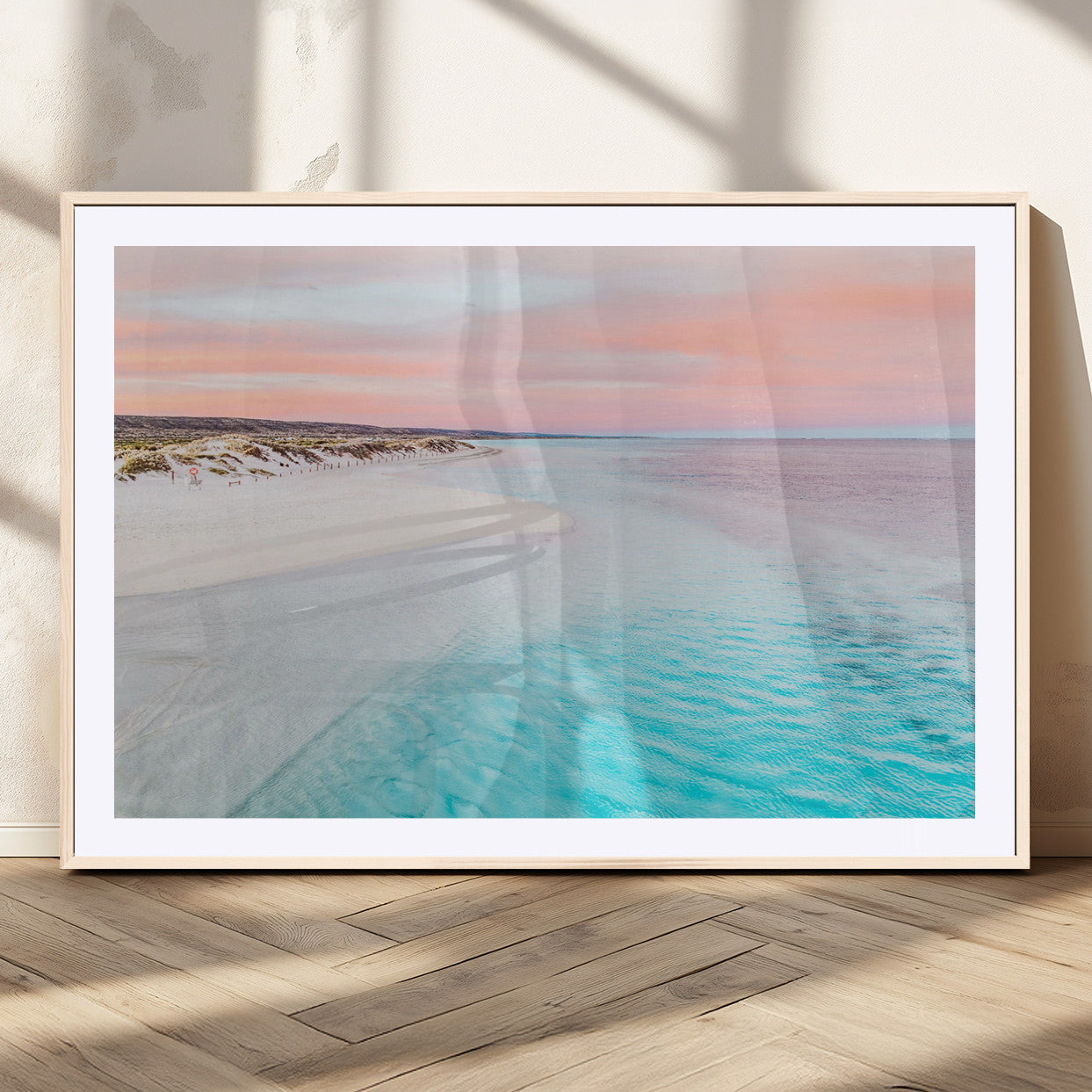 41613614-MGV-CV-36X24-Serene Pastel Beach Wall Art Canvas Print, Tranquil Coastal Sunset with Soft Ocean Hues Artwork for Home, Office
