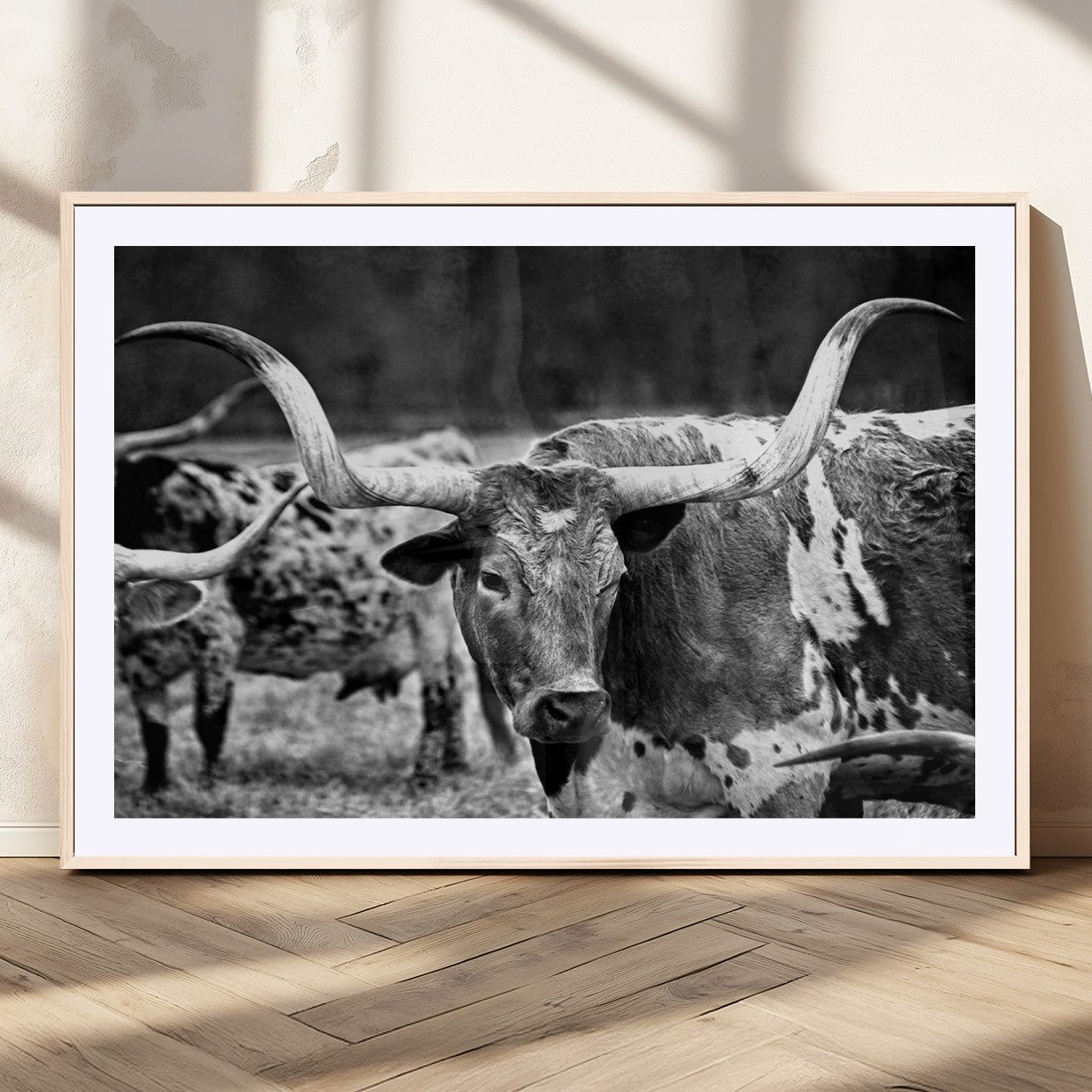 15425553-MGV-CV-36X24-Black & White Longhorn Cattle Wall Art Canvas Print, Rustic Farmhouse Western Design Artwork for Home, Office