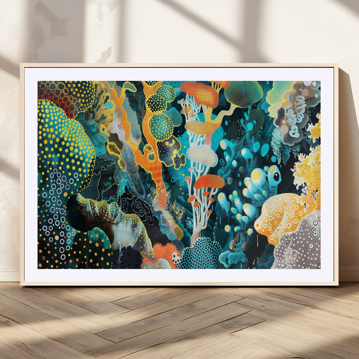 Colorful abstract coral reef scene featuring vibrant underwater plants, marine patterns, and fluid organic shapes – Wall Art Canvas Print.