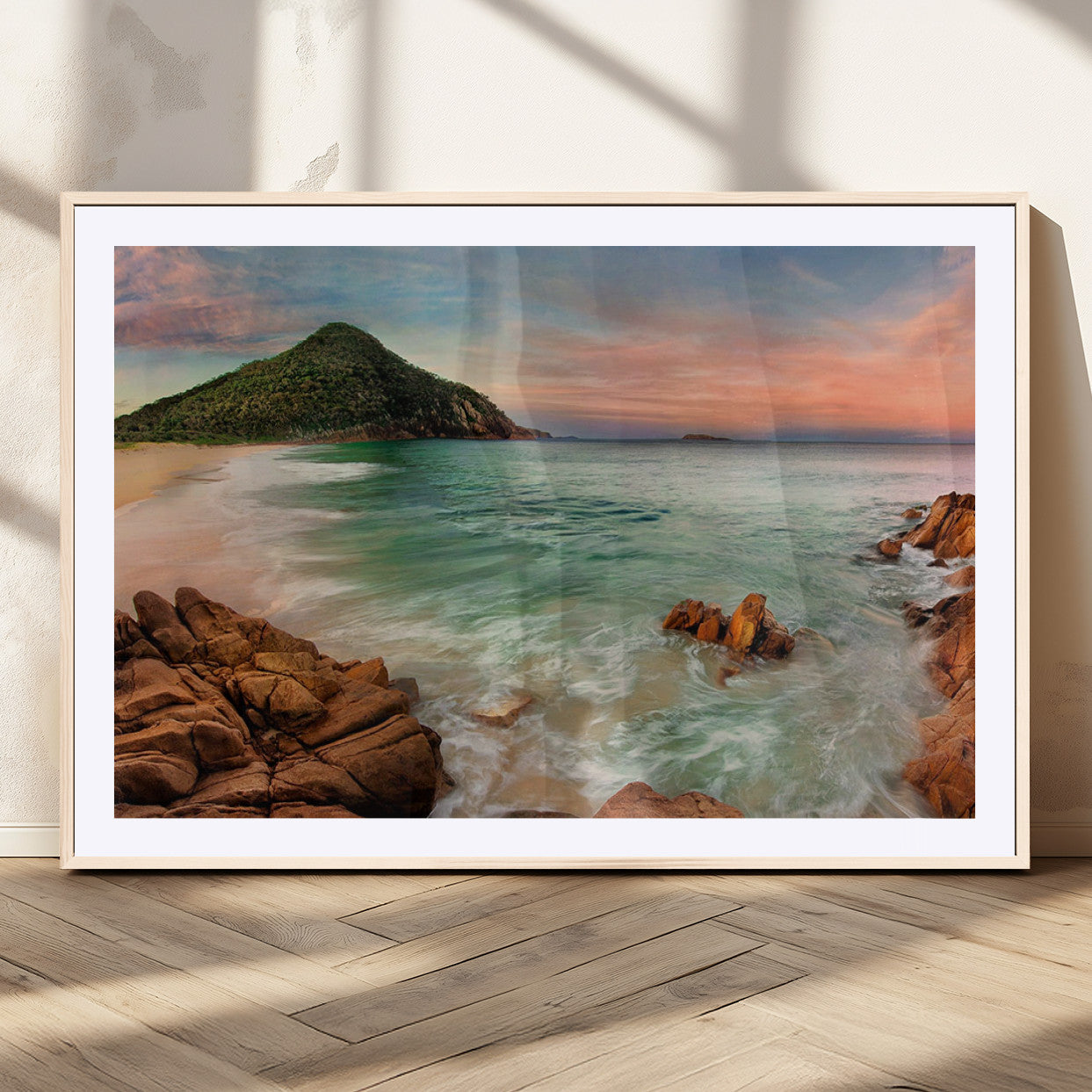 53831025-MGV-CV-36X24-Stunning Coastal Landscape with Rocky Shore and Green Hills at Sunset – Beautiful Ocean View Wall Art Canvas Print for Serene Home Decor.