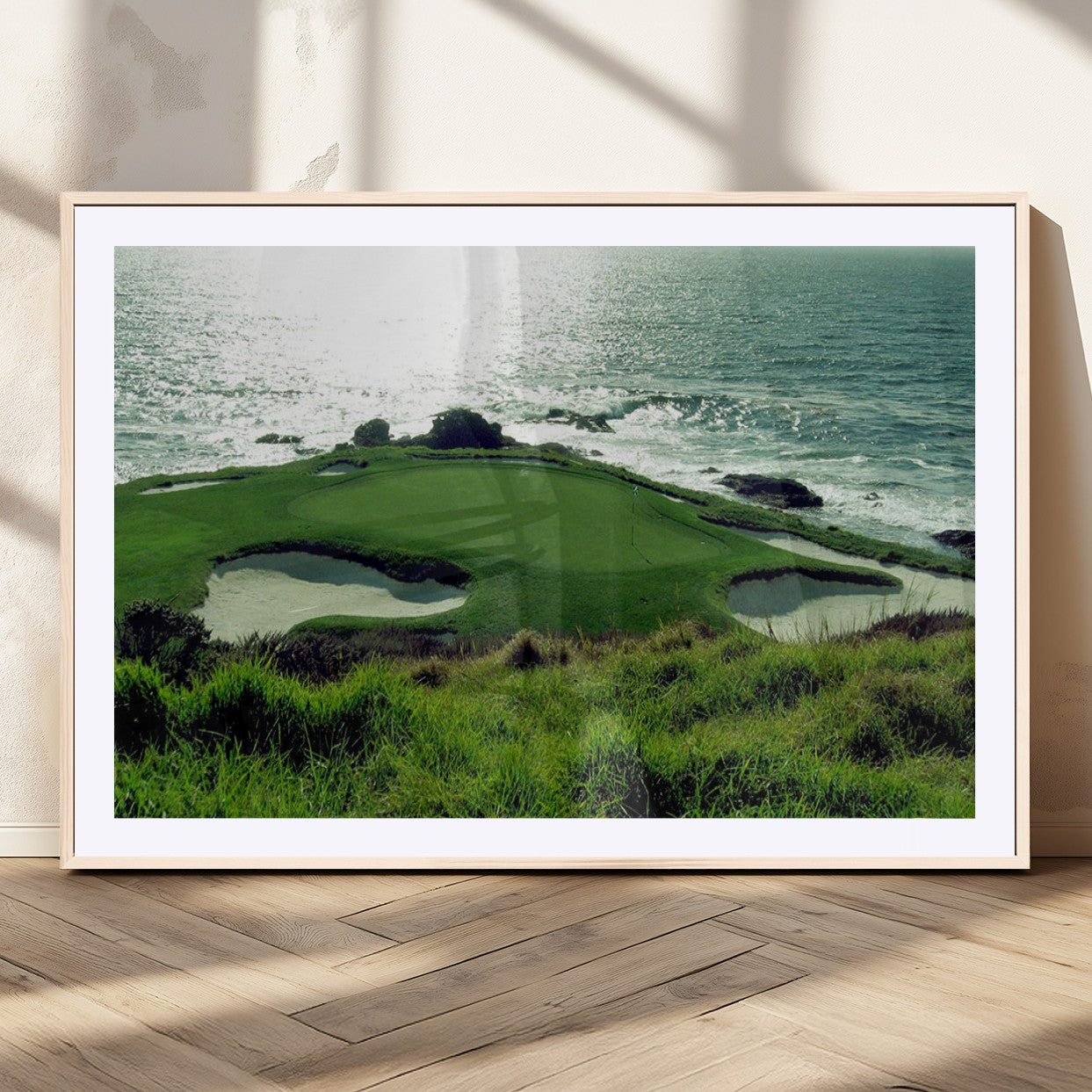 48473947-MGC-FP-36x24_Natural-Coastal Golf Course Wall Art Canvas Print – Scenic Green Surrounded by Sand Bunkers and Ocean Waves Artwork for Home, Office