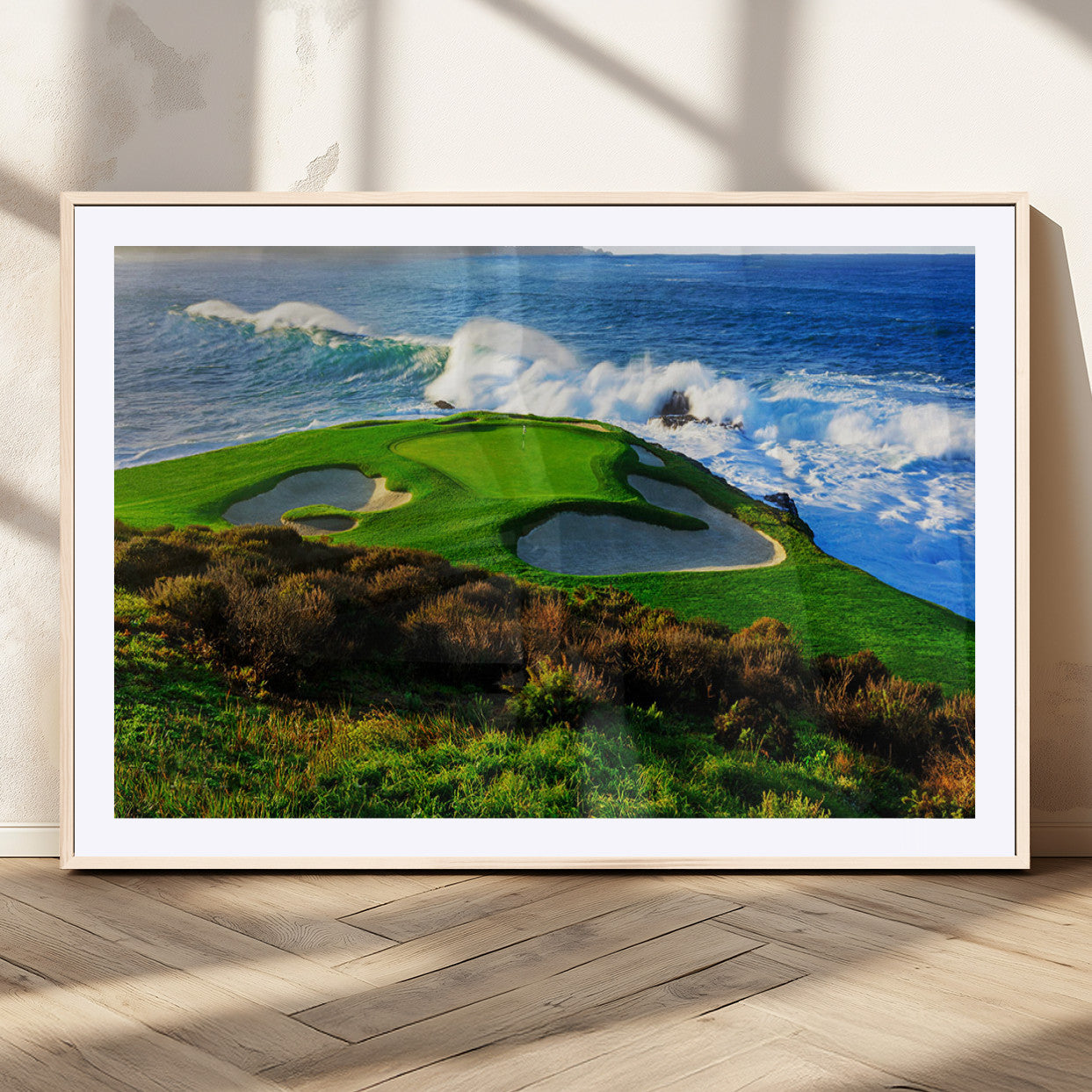 34181847-MGC-FP-36x24_Natural-Coastal Golf Course Wall Art Canvas Print – Vibrant Green with Sand Bunkers Overlooking Ocean Waves Artwork for Home, Office