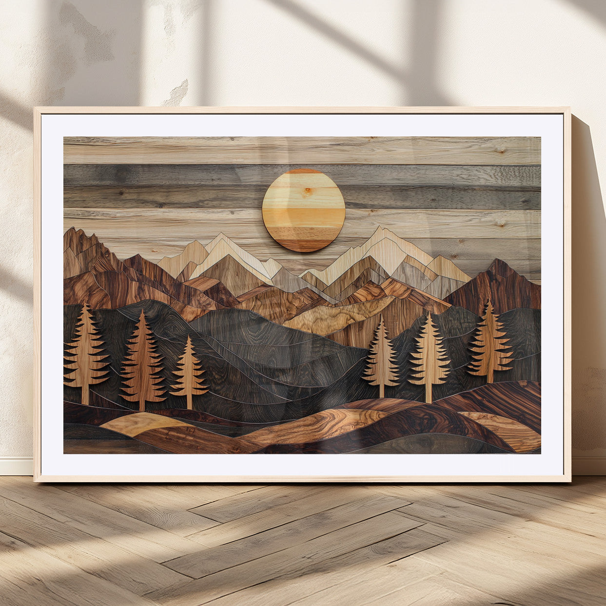 19832326-MGV-CV-36X24-Wooden Mountain Landscape Wall Art Canvas Print, Rustic Forest Pines and Sun Design Natural Warm Decor for Home, Office