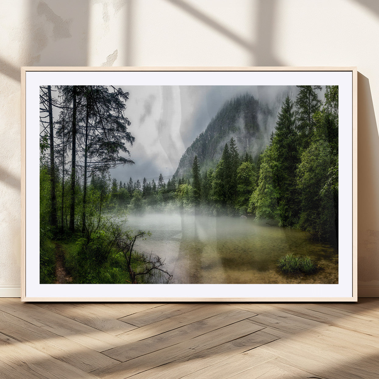 93123937-MGV-CV-36X24-Misty Lake Forest Green Trees Calm Water Reflection Mountain Fog Nature Landscape Outdoor Scenic Beauty Wall Art Canvas Print