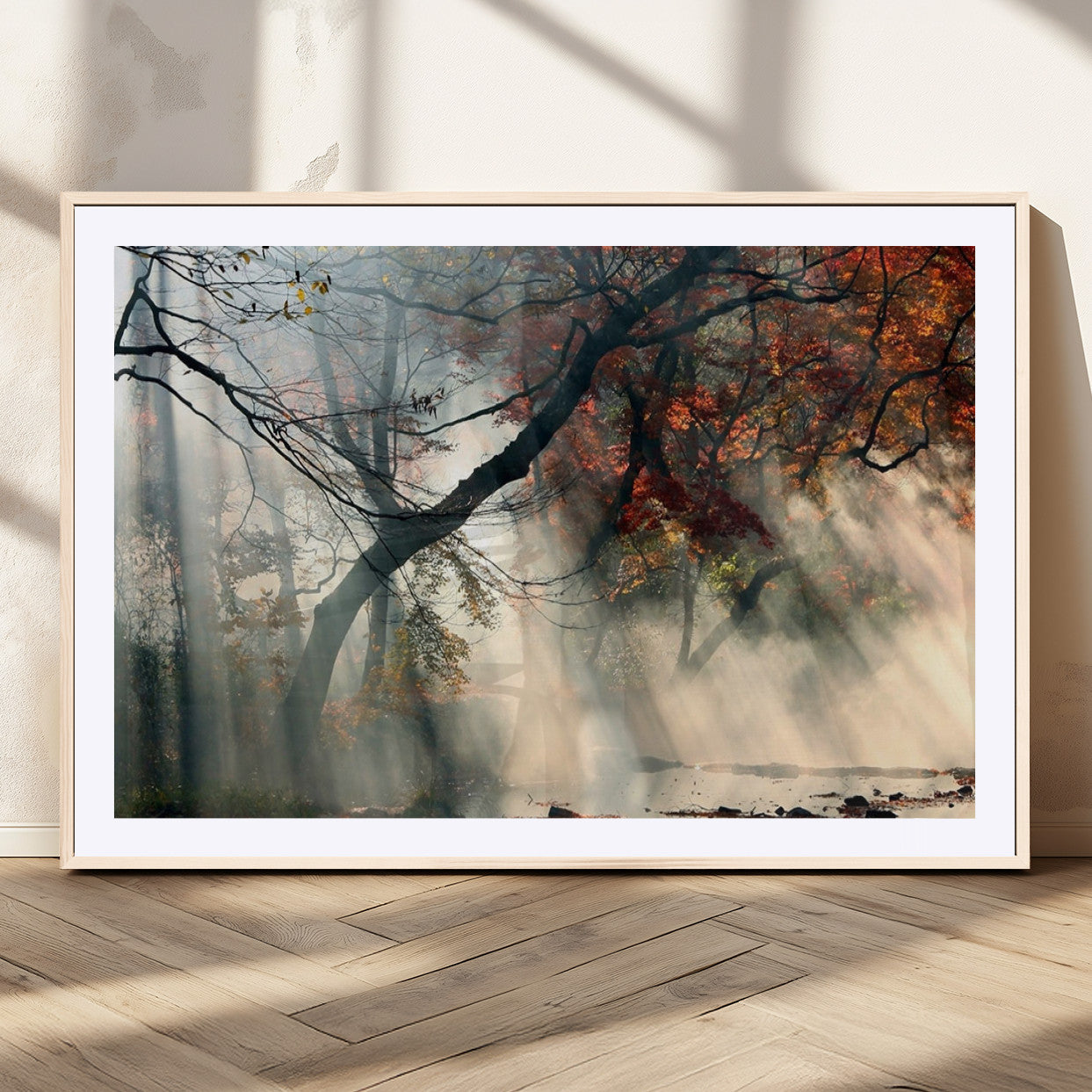 36043878-MGV-CV-36X24-Sunlit Autumn Forest Mist Trees Rays Fog Nature Scenic Peaceful Tranquil Leaves Landscape Morning