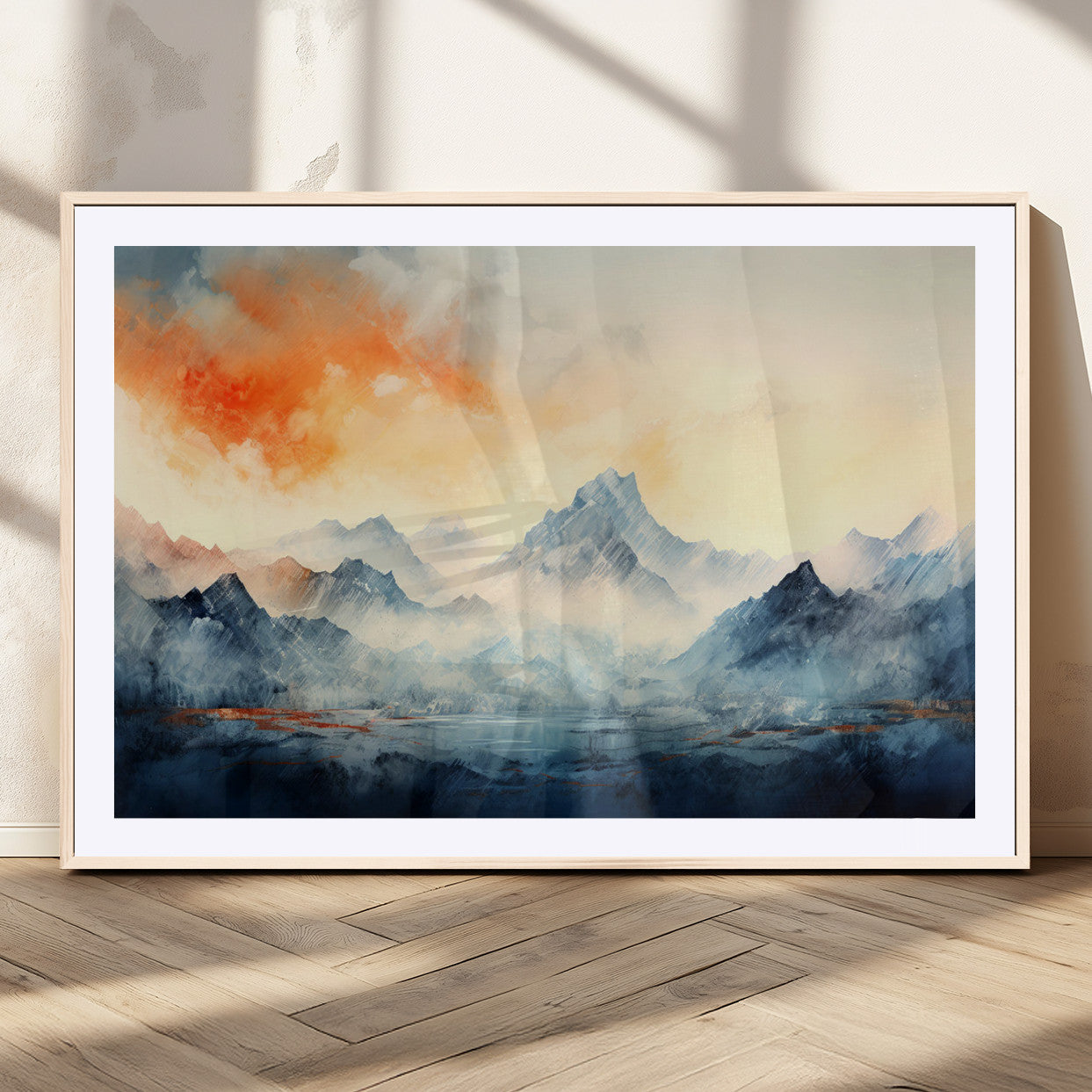 WRM1005-MGC-FP-36x24 - Warm Clouds Abstract Mountain Wall Art, Modern Landscape Canvas Print, Minimal Framed Artwork for Home, Office