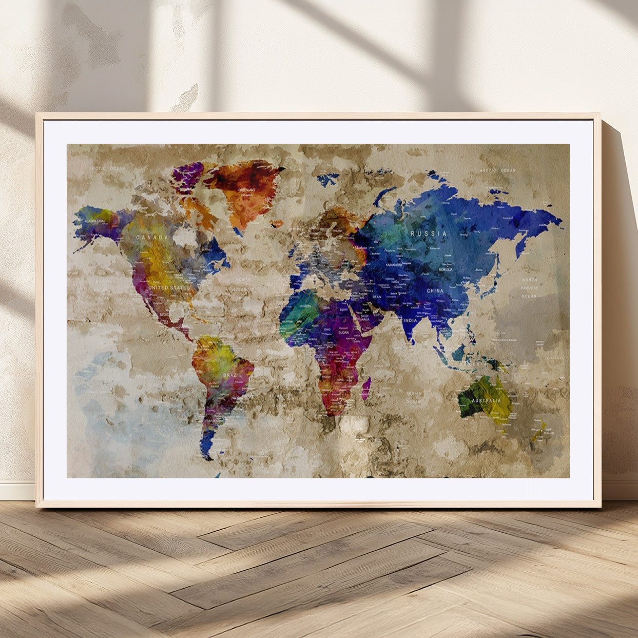 92939-MGV-CV-36X24-Colorful World Map Canvas Wall Art – Abstract Watercolor Map Print, Modern Travel Decor for Home Office or Study