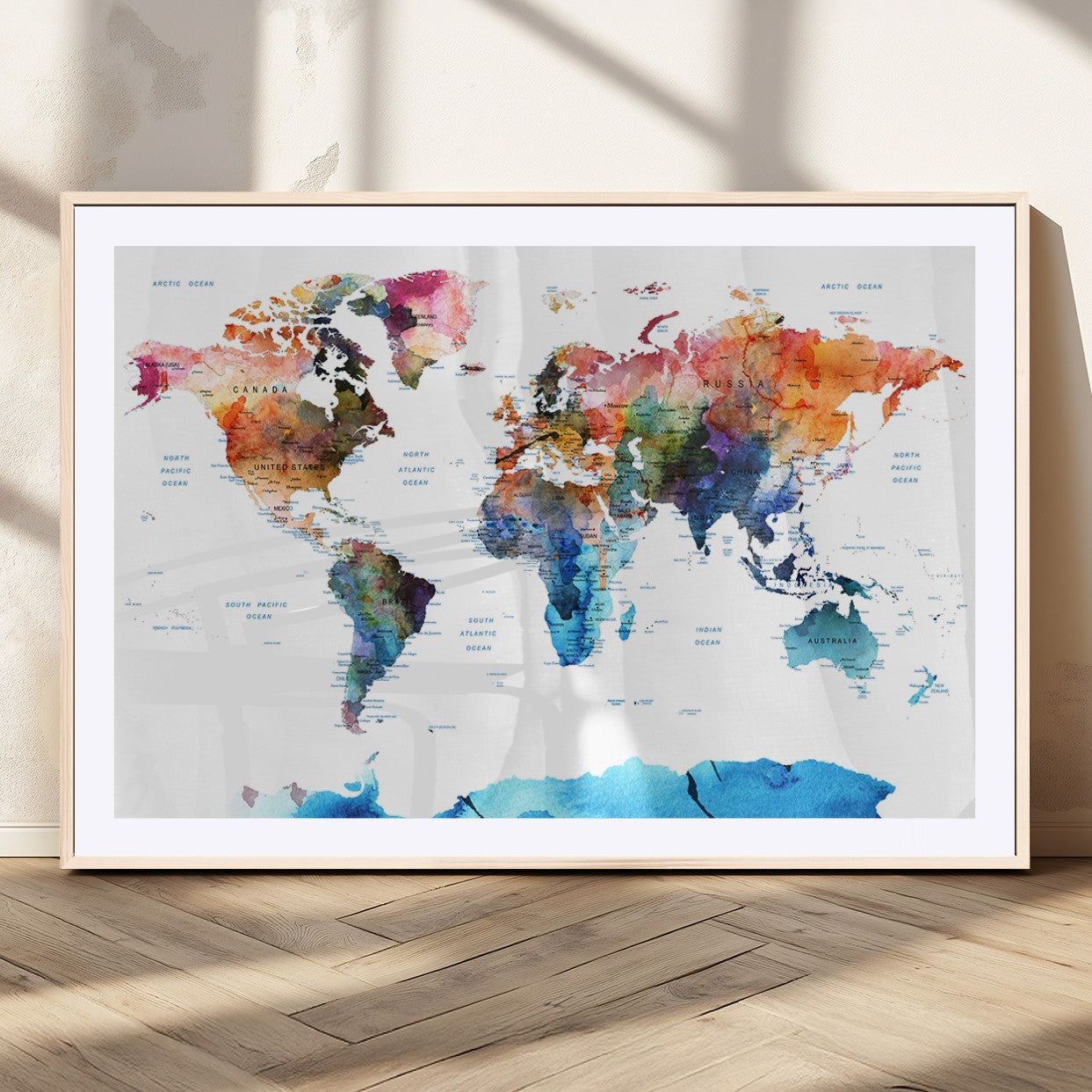 11576-MGV-CV-36X24-Vibrant Watercolor World Map Canvas Wall Art – Framed Push Pin Travel Map for Home and Office Decor, Modern Colorful Wall Artwork