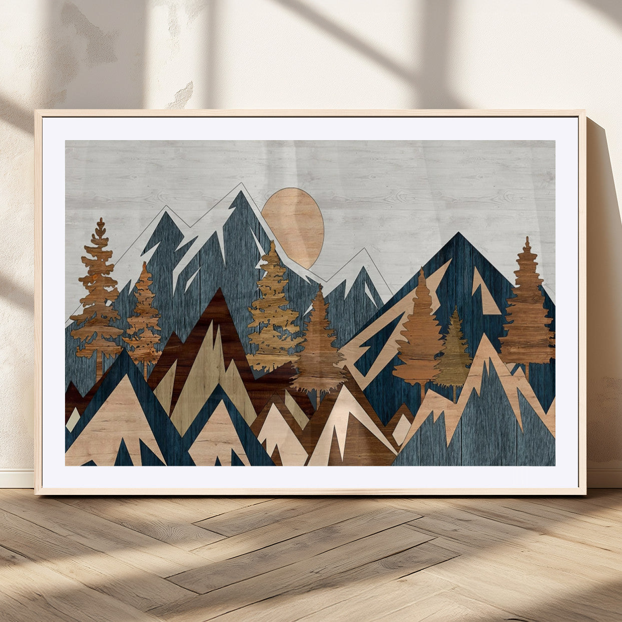 91467-MGV-CV-36X24-Abstract Wood Panel Effect Mountain Range Top Wall Art Canvas Print