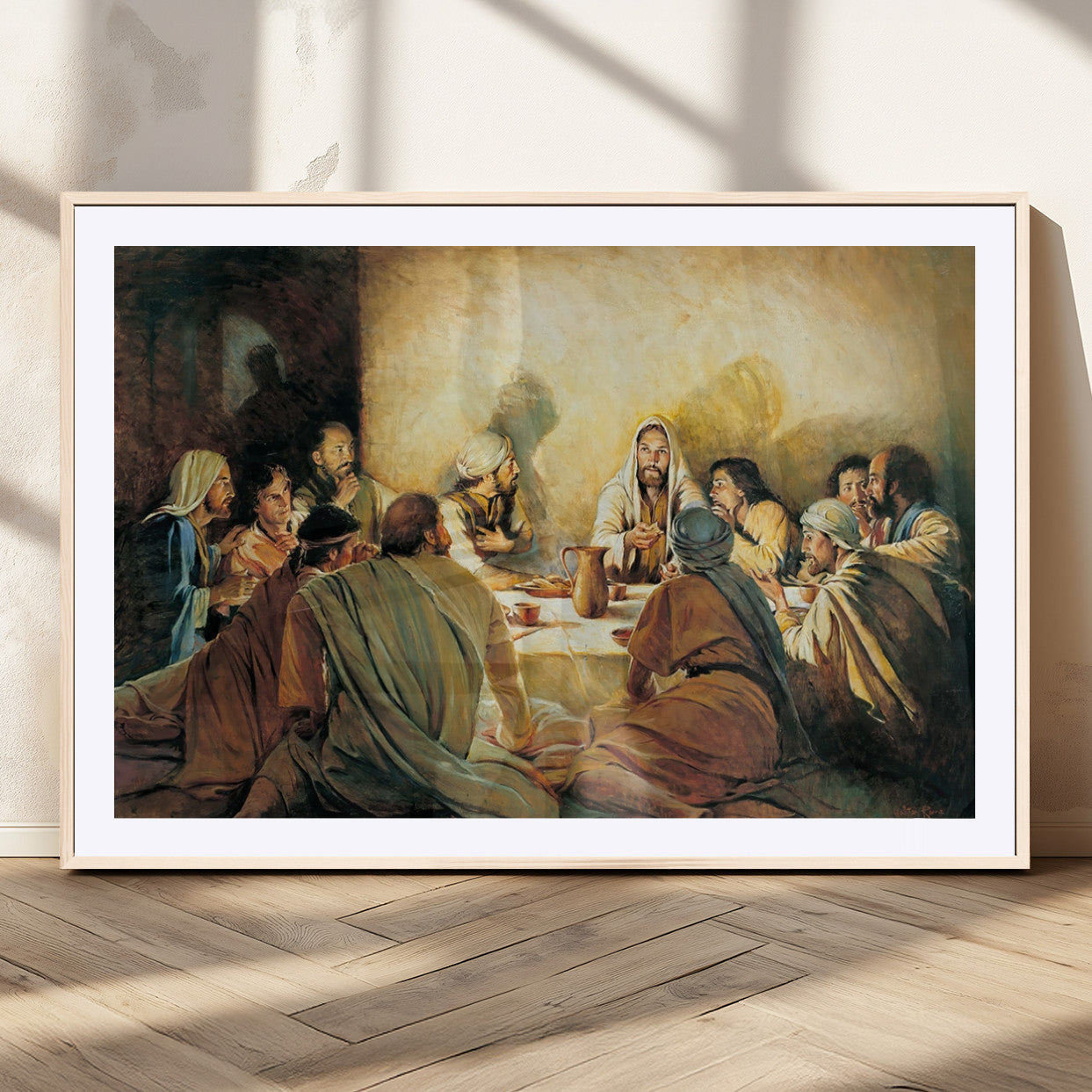 Framed canvas print of the Last Supper, depicting Jesus and his disciples, perfect for religious or Christian-themed home decor.