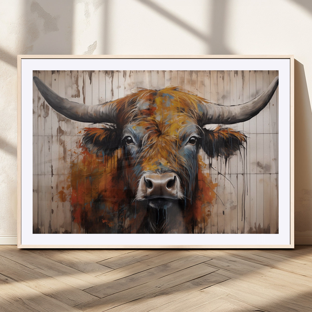 47284-MGV-CV-36X24-Scottish Highland Cow Cattle Art Print on Wood Style Background