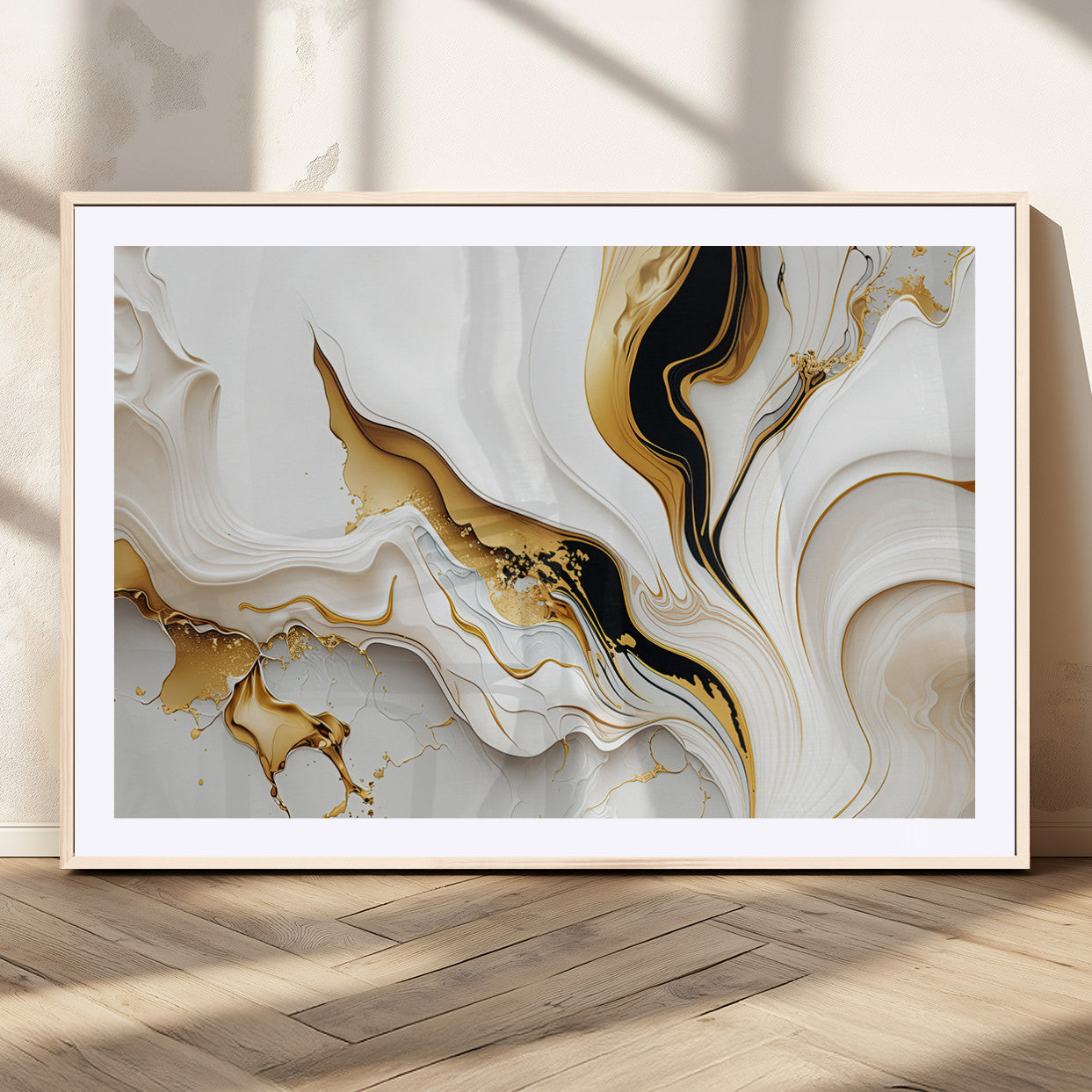 98637-MGC-FP-36x24_Natural-Gold Waves on Pure White Canvas – Gold Abstract Art for Modern Interiors | Wall Art Canvas, Framed &