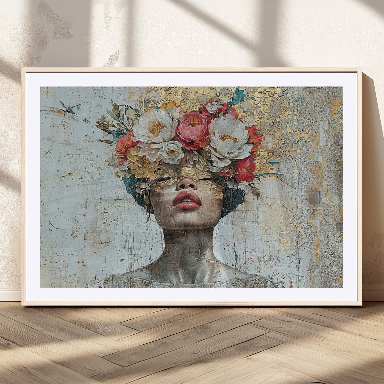 26919-MGC-FP-36x24_Natural-Golden Petal Wall Art Canvas Print - Silhouette Woman Wall Art Canvas Print, Floral Woman Portrait