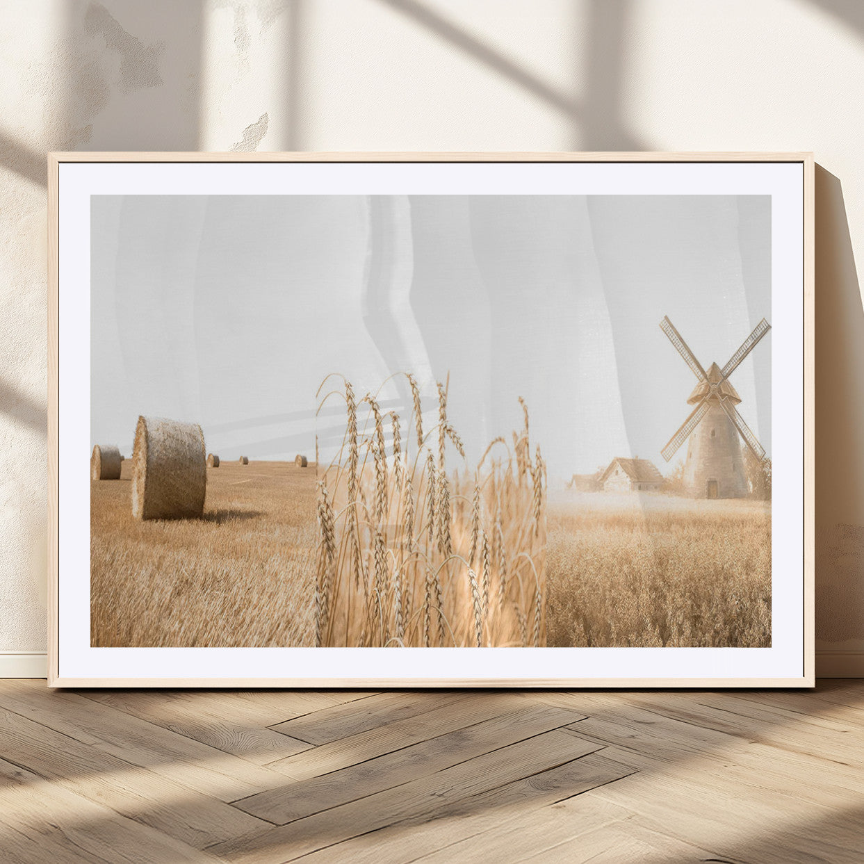 88780-MGC-FP-36x24_Natural-Vintage Farmhouse Triptych Wall Art – Giclée Canvas Featuring Wheat Fields, Hay Bales, and a