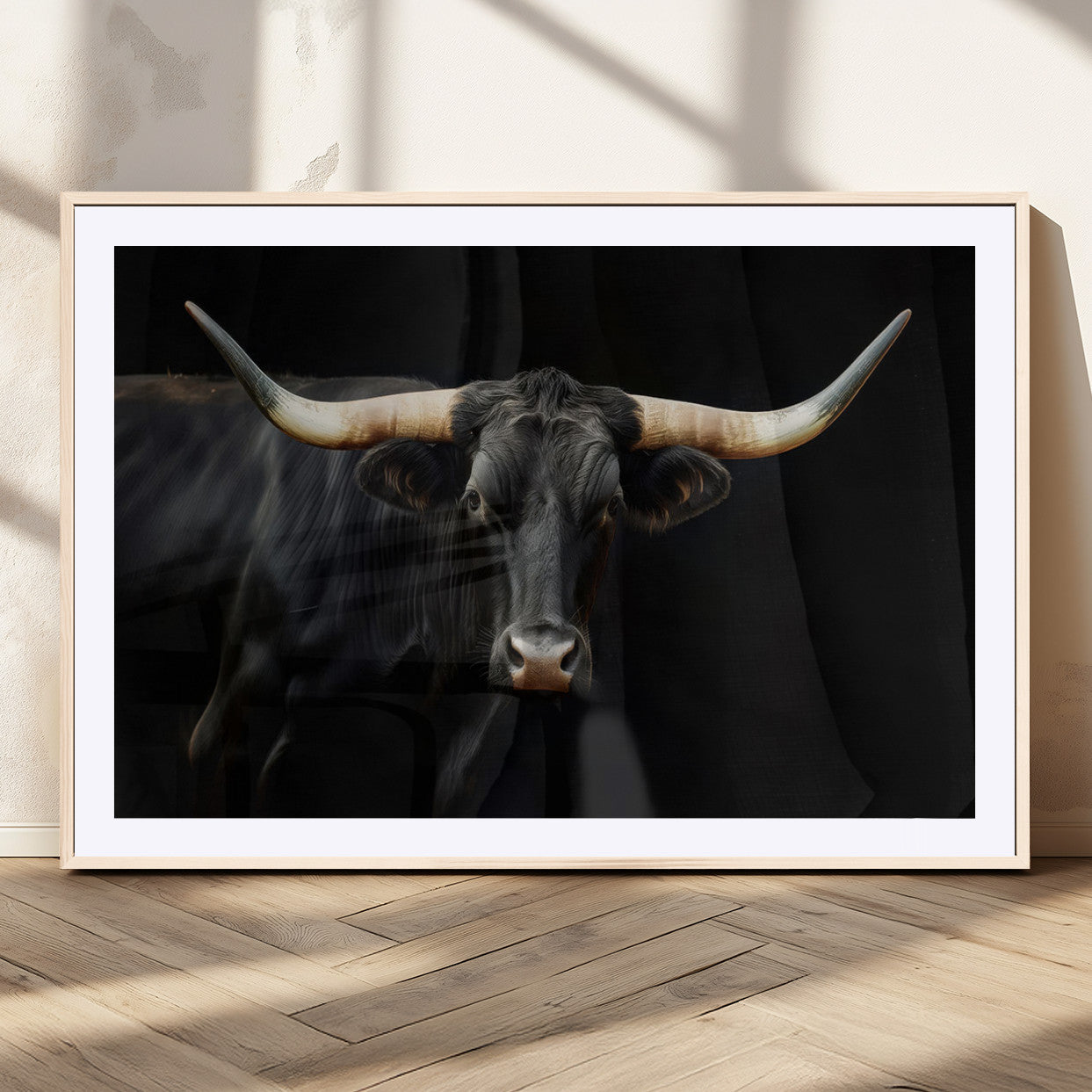 63798-MGC-FP-36x24_Natural-Black Bull Wall Art – Majestic Longhorn Canvas Print with Dark Background, Rustic Western Farmhouse Decor for Living Room or Office