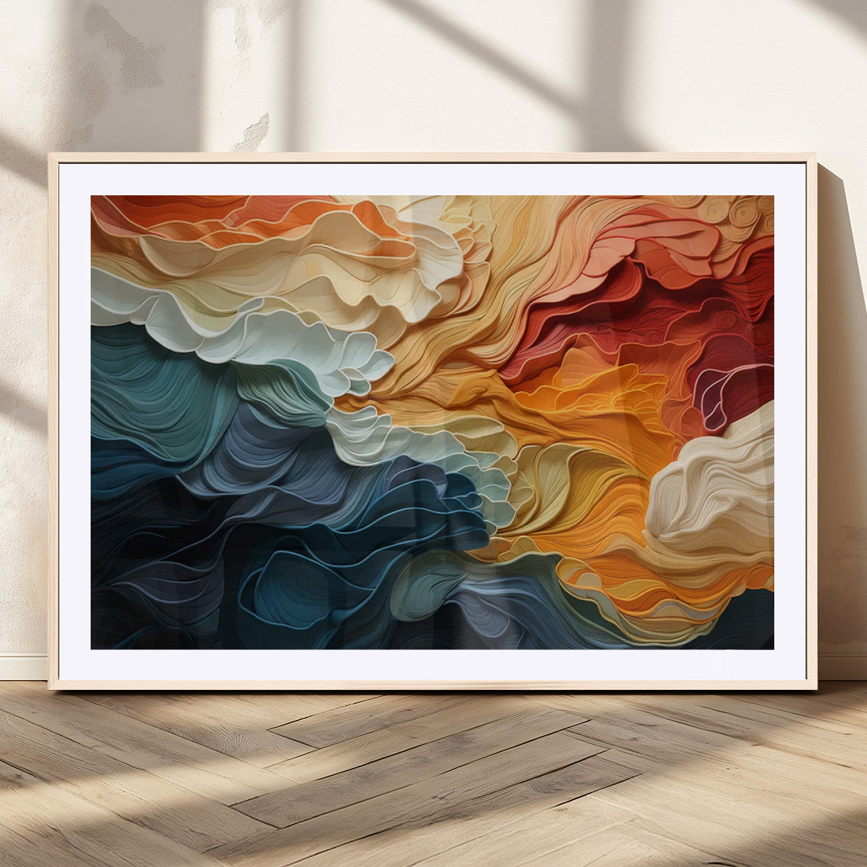 31634-MGC-FP-36x24_Natural-Blue Orange Abstract Wave Wall Art Canvas Print, Framed Blue Orange Wave Wall Art